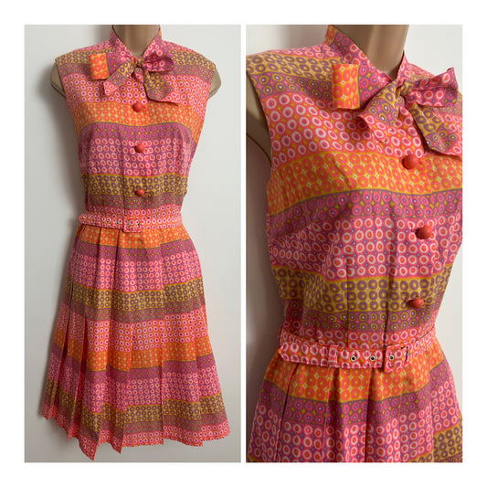 Vintage 1960s Size 12 Pink Orange & Purple Tones Abstract Circle Print Pussy Bow Belted Pleated Mod Dress