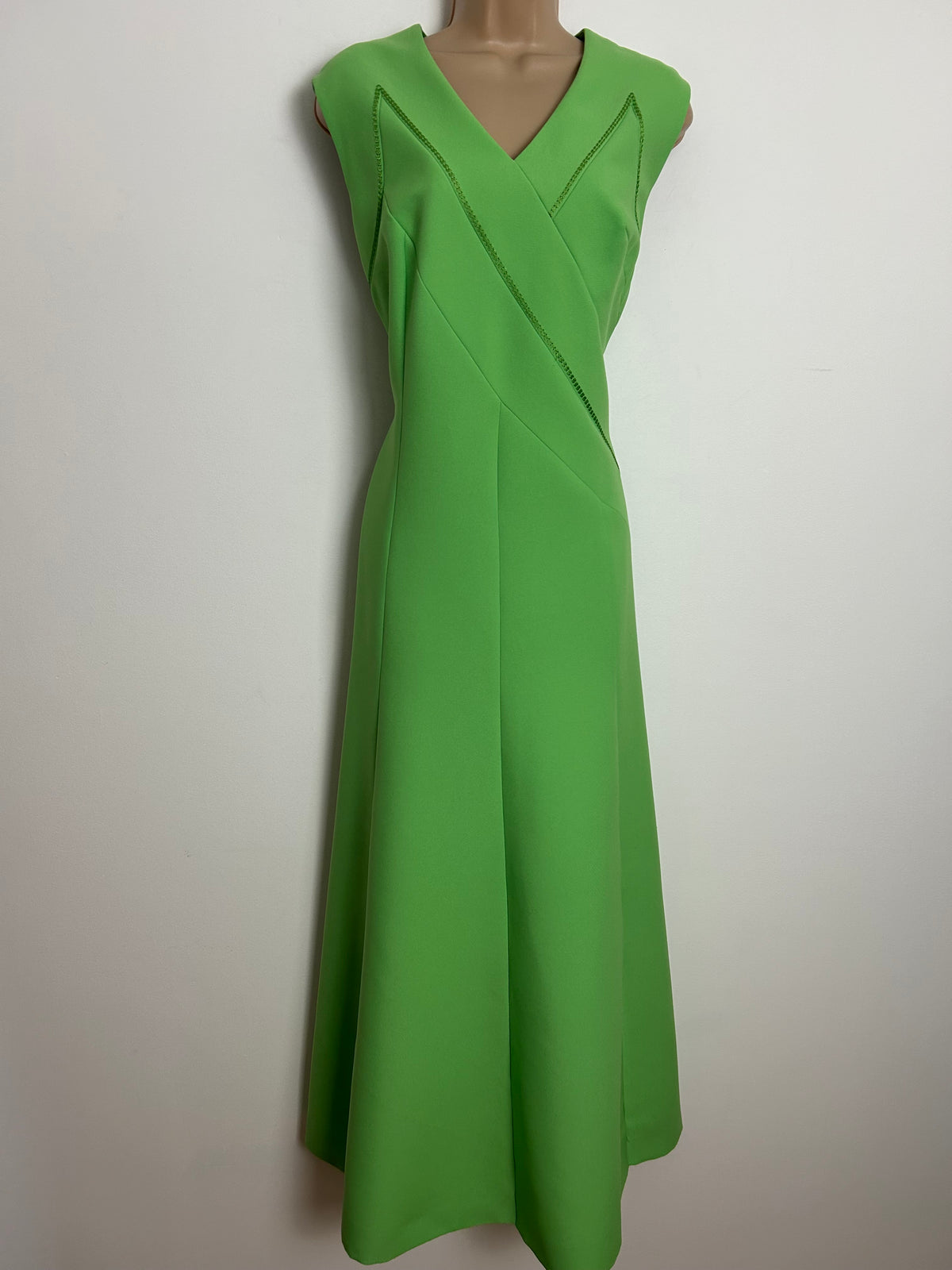 Vintage 1960s EVELYNE MODELL Size 14 Lime Green Stitch Detail Sleeveless Occasion Maxi Dress