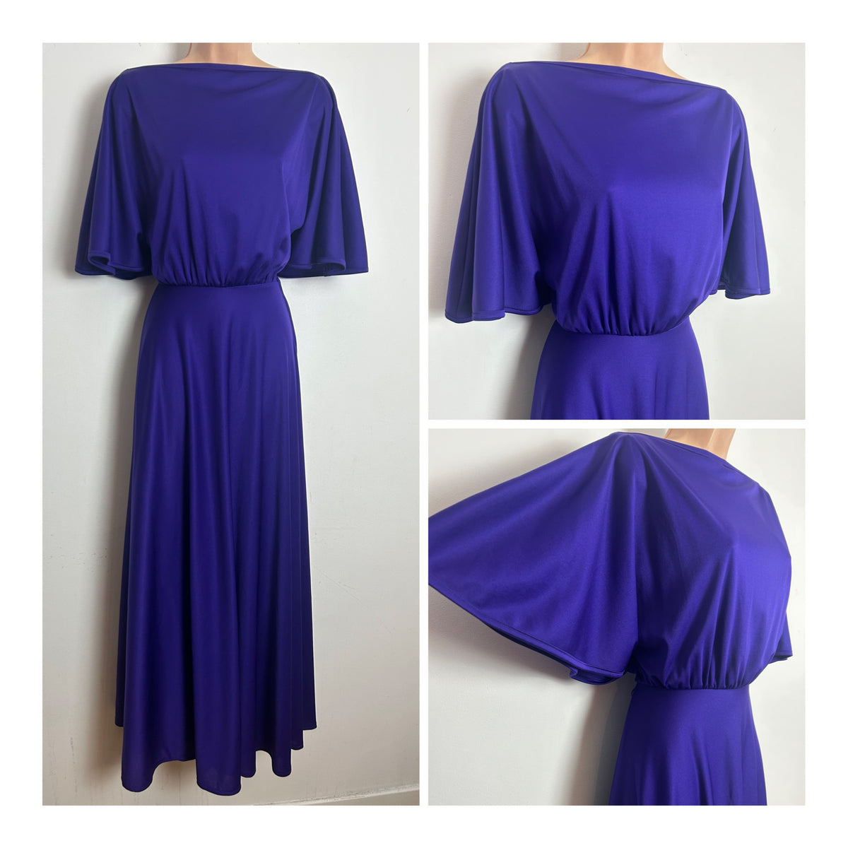 Vintage 1970s Size 8 Purple Flutter Sleeve Slash Neck Maxi Dress
