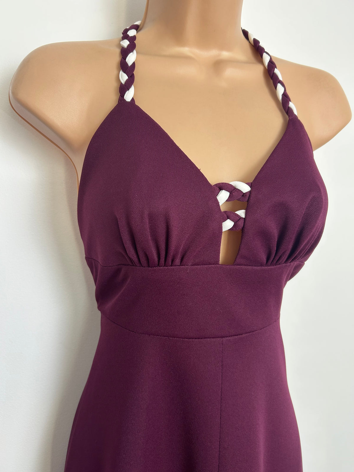 Vintage 1970s PEGGY PAGE Size 6-8 Plum Purple Plaited Strap Detail Maxi Dress