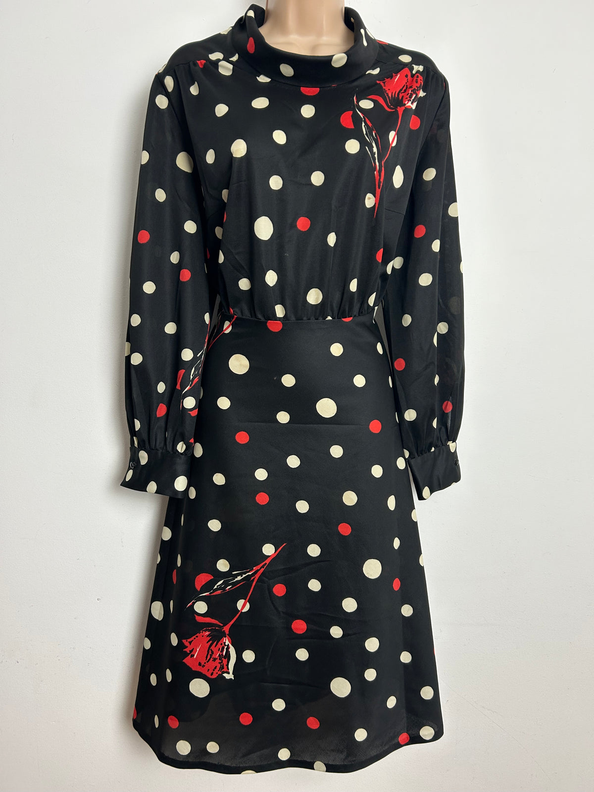 Vintage Late 1970s Size 14 Black White & Red Spot & Rose Print Fit & Flare Day Dress