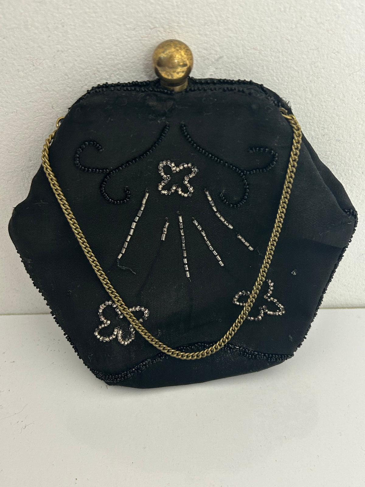Antique Victorian Small Black Hexagonal Silk Beaded Purse/Handbag