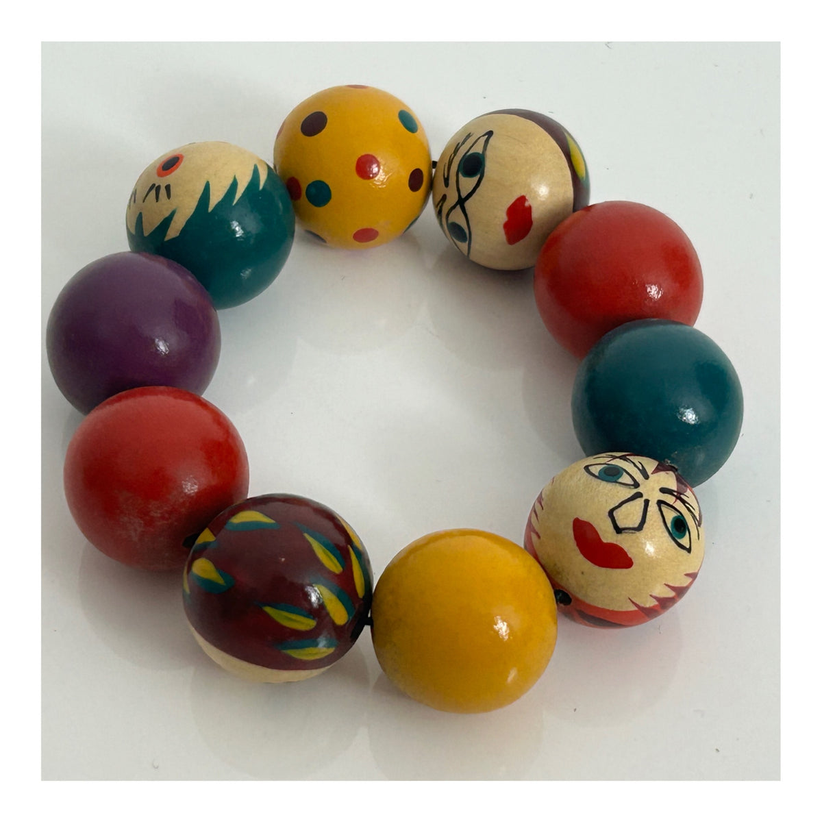 Vintage 1980s Handmade Handpainted Multicolour Wooden Bead Bracelet