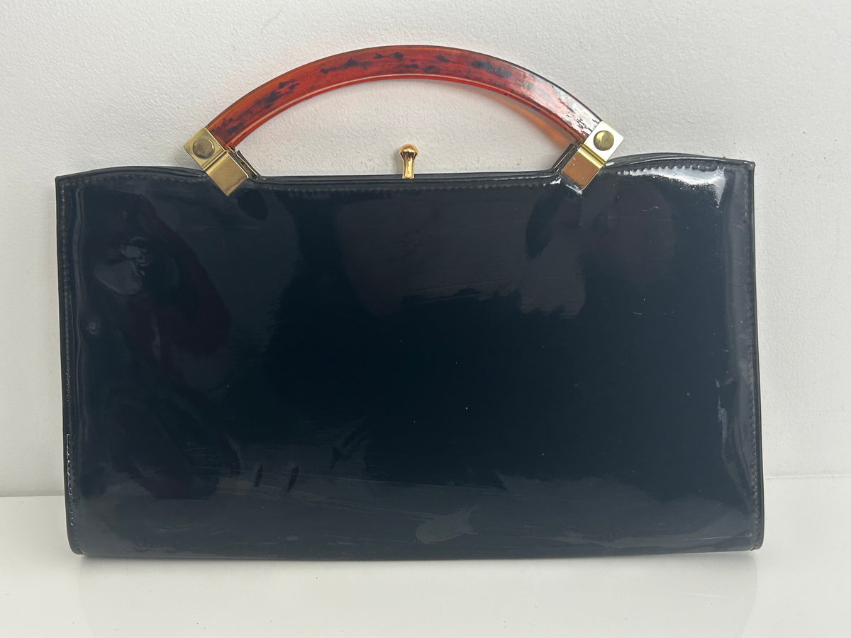 Vintage 1960s ESSELL Fabulous Black Patent Tortoiseshell Handles rectangular Handbag