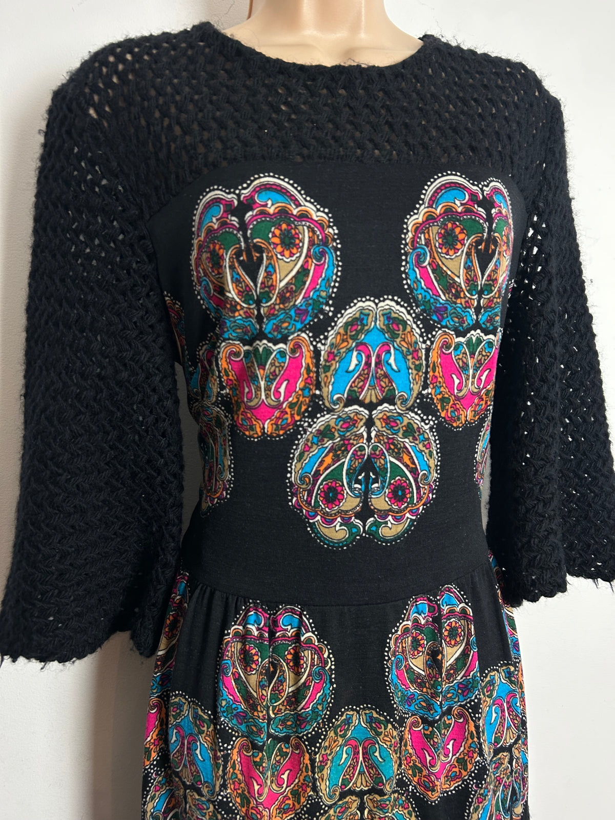 Vintage Early 1970s IRWA Size 12 Black Blue & Pink Nouveau Print Knitted Neck & Sleeves Pure Wool Maxi Dress