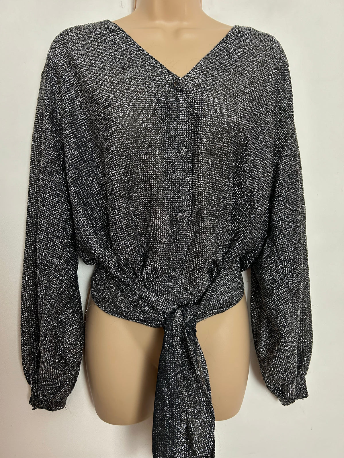 Vintage 1980s UK Size 14-16 Black & Silver Lurex Tie Fronted Party Blouse/Top