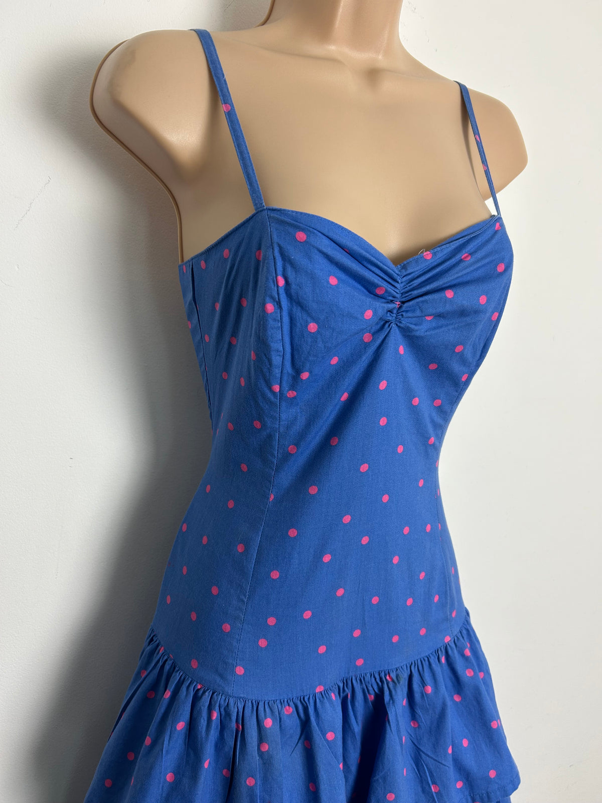 Vintage 1980s LAURA ASHLEY Size 8 (Size 12 On Label) Blue & Pink Polka Dot Print Layered Cotton Summer Dress