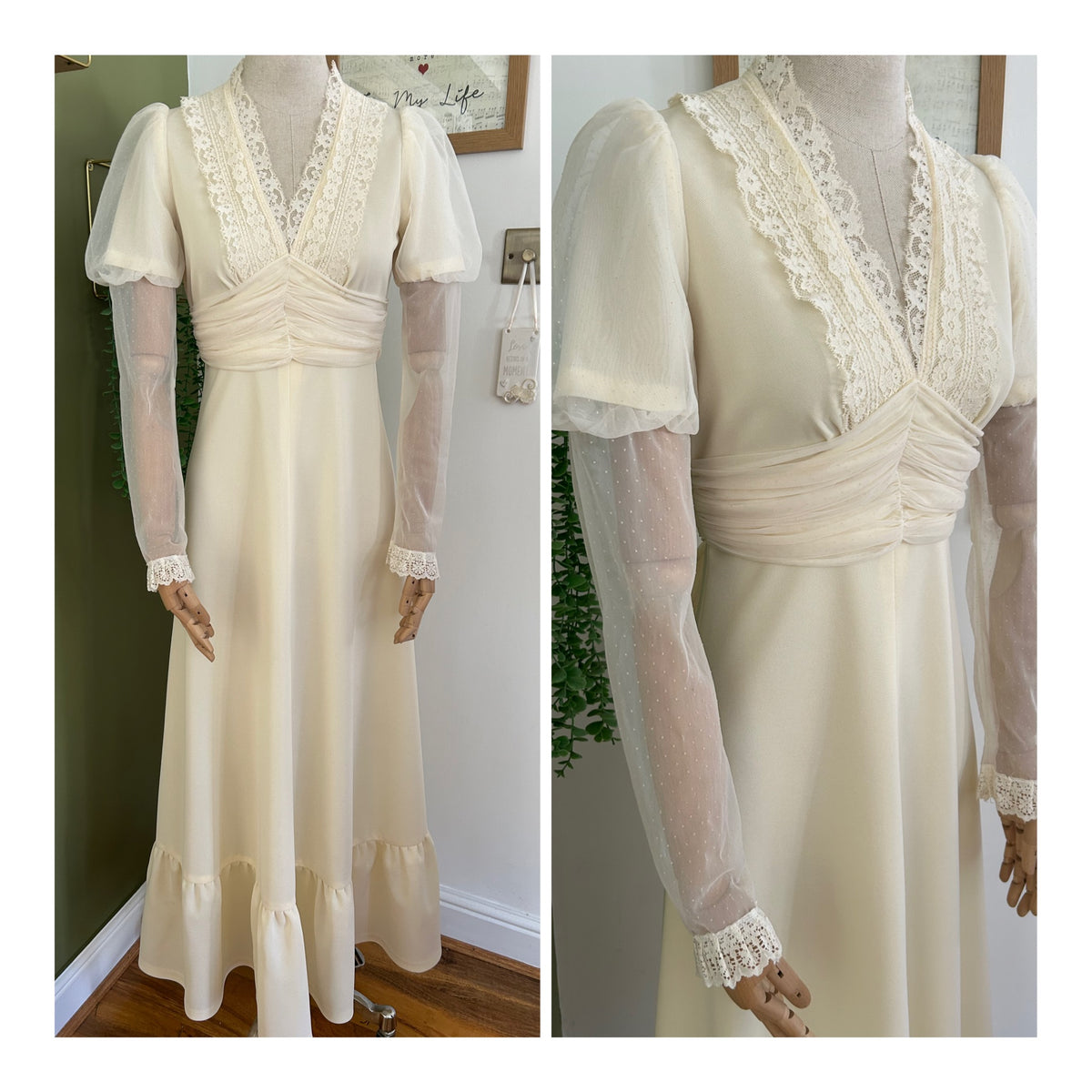 Vintage 1970s Size 8 Cream Juliet Sleeve Lace Trim Prairie Boho Occasion/Wedding Maxi Dress