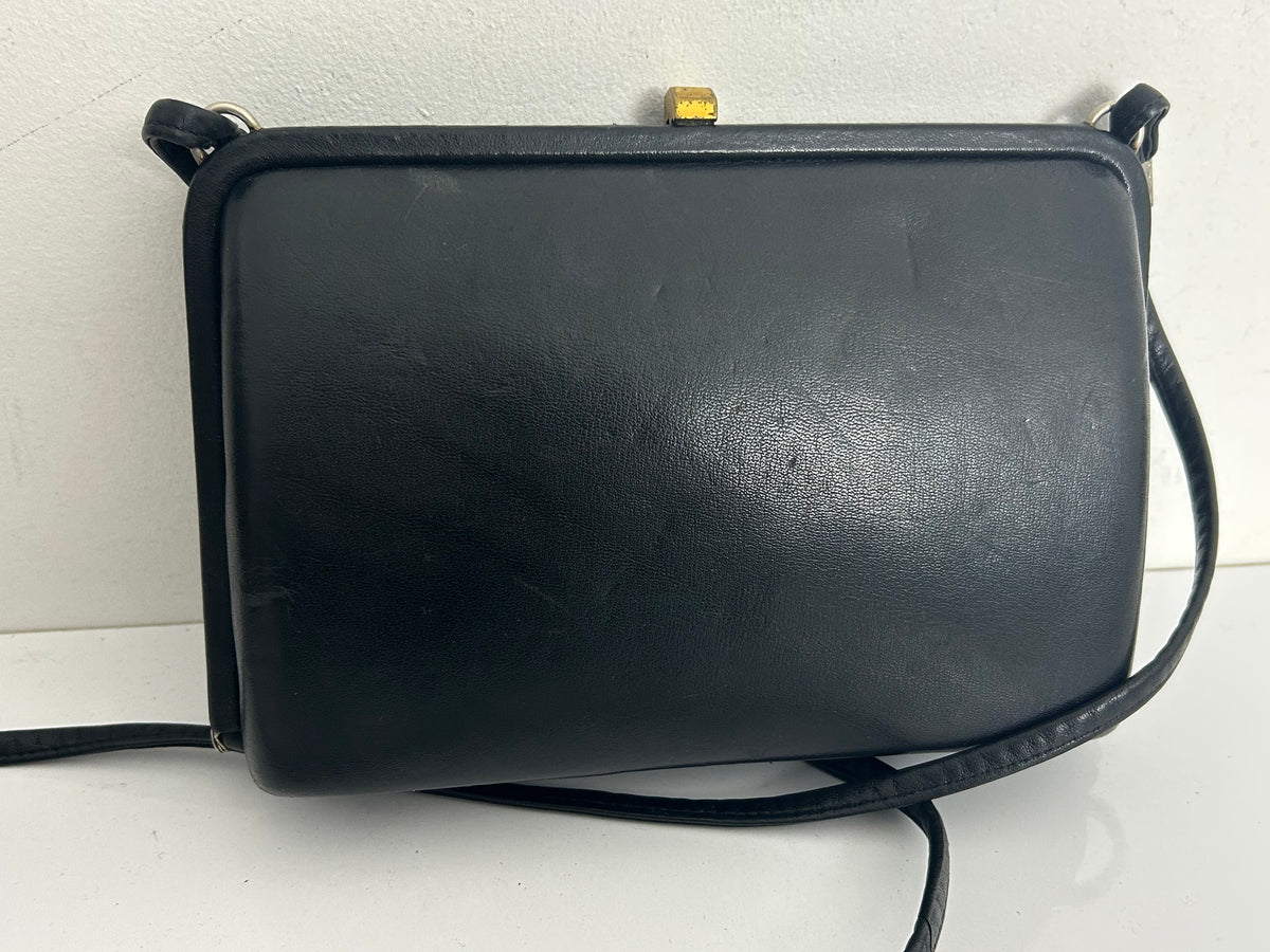 Vintage 1960s Black Leather & Patent Panels Box Style Shoulder Handbag
