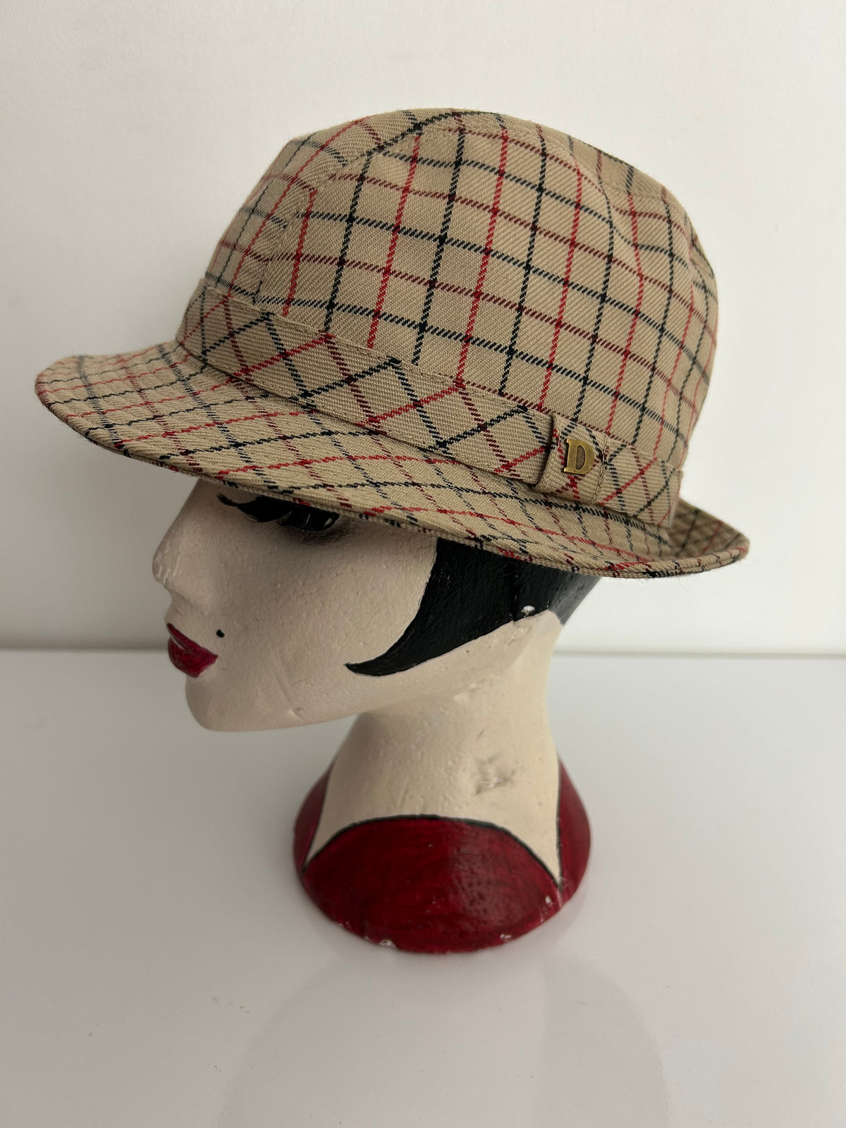 Vintage DANNIMAC Beige Red & Black Check Wool Mix Trilby Style Hat