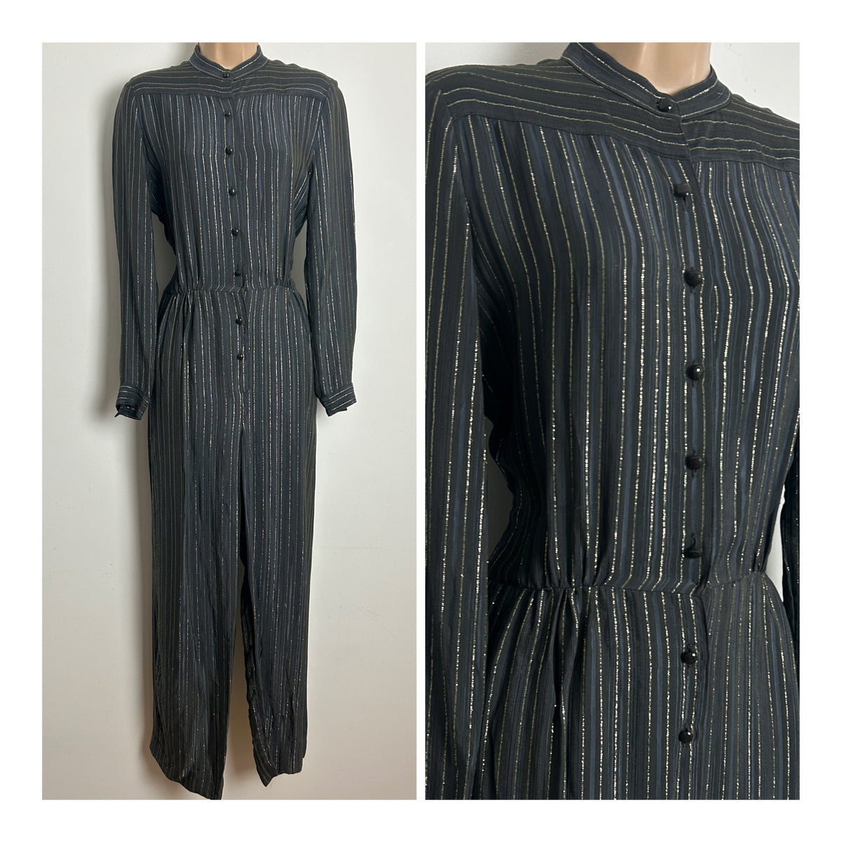 Vintage 1980s COUNTRY CASUALS Size 10 Dark Grey & Gold Pinstripe Long Sleeve Jumpsuit