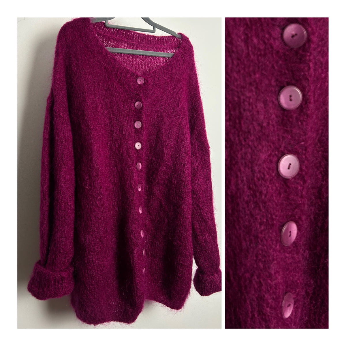Vintage 1980s One Size Up To 16 Slouchy Overized Magenta Mohair Mix Long Line Cardigan