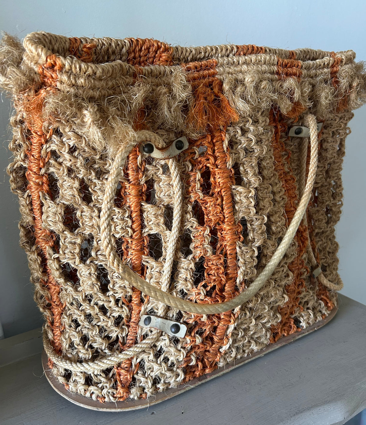 Vintage Late 1960s Early 1970s Large Raffia String Style Woven Beach Bag Shopping Bag