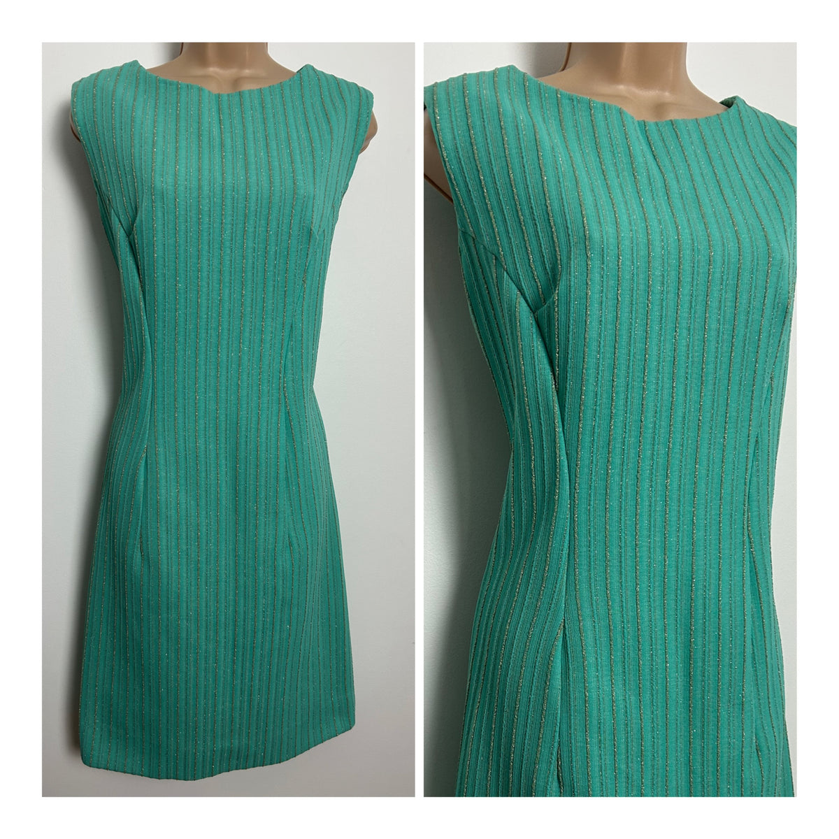 Vintage 1960s Size 10 Seafoam Green & Gold Pinstripe Crimplene Mod Shift Party Dress