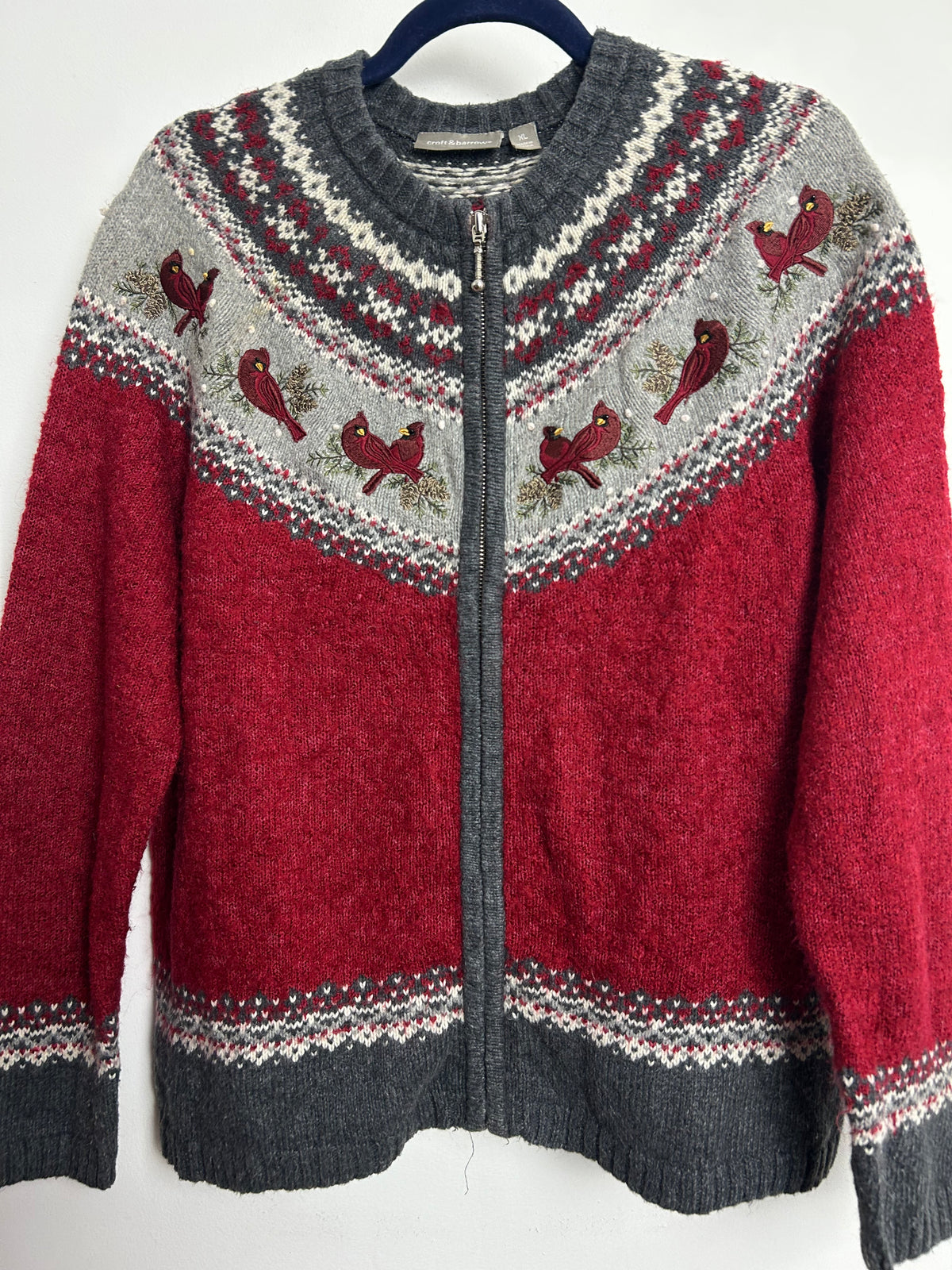Vintage 1990s CROFT & BARROW Size 16-18 Red & Grey Cardinal Fair Isle Style Silk Mix Cardigan