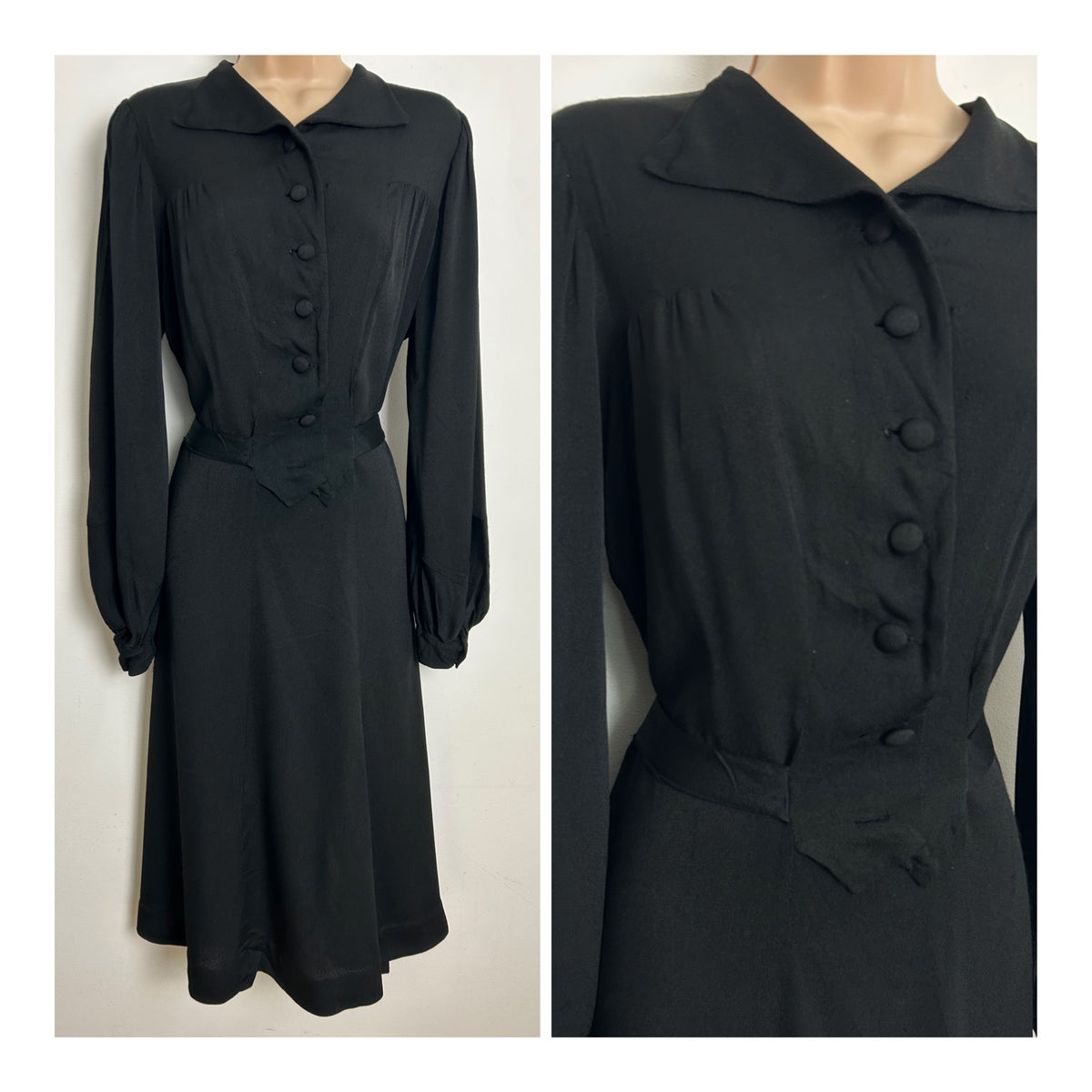 Vintage Original 1940's Size 14-16 Black Rayon Long Sleeve Midi Dress