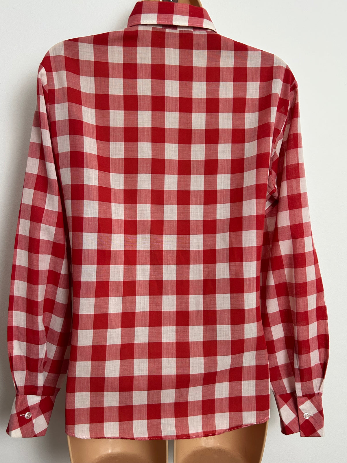 Vintage 1970s Size 14-16 Red & White Check Print Cotton Mix Long Sleeve Shirt