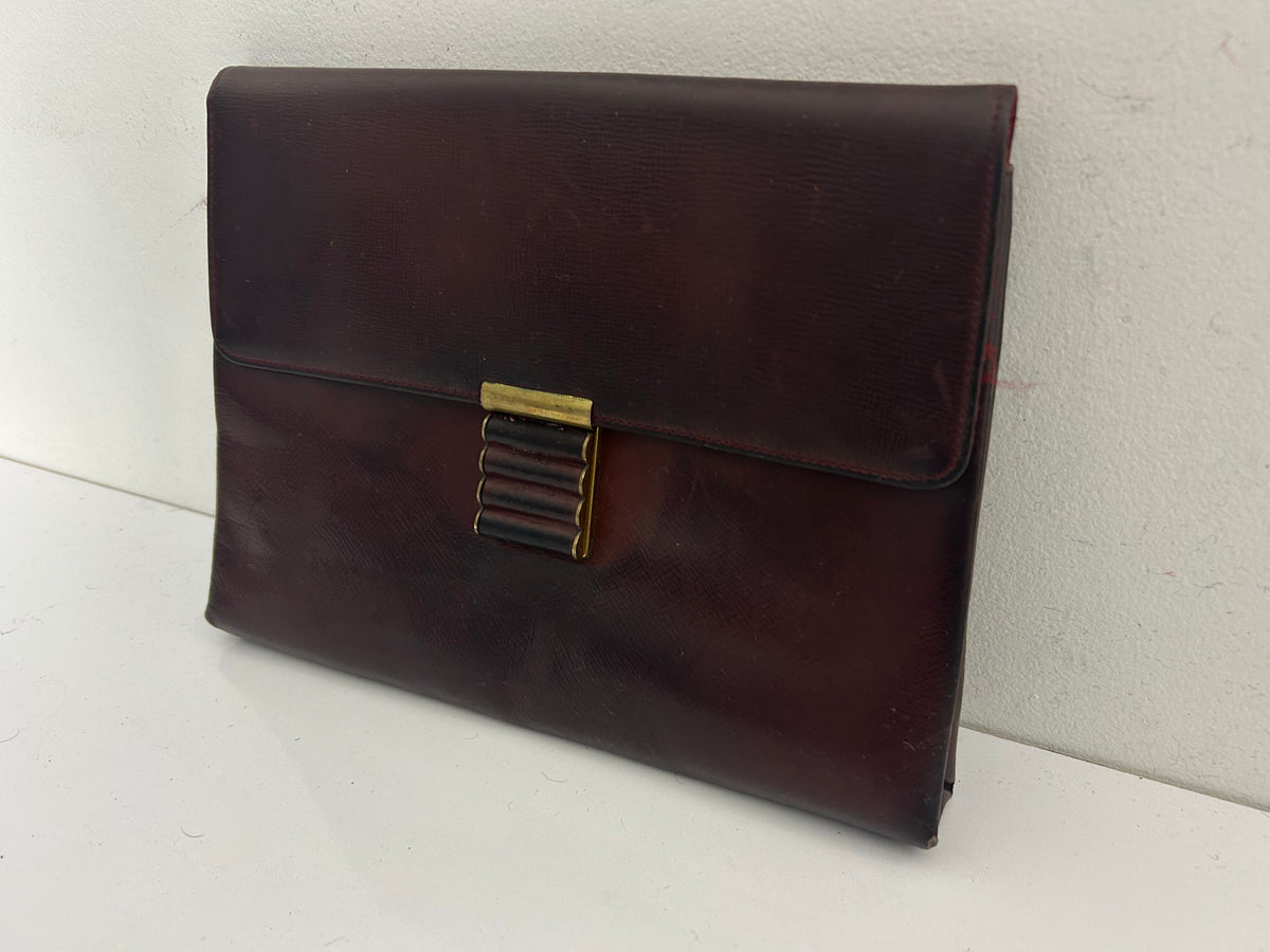 Vintage 1940s Dark Reddish Brown Real Leather Clutch Handbag With Hand Strap