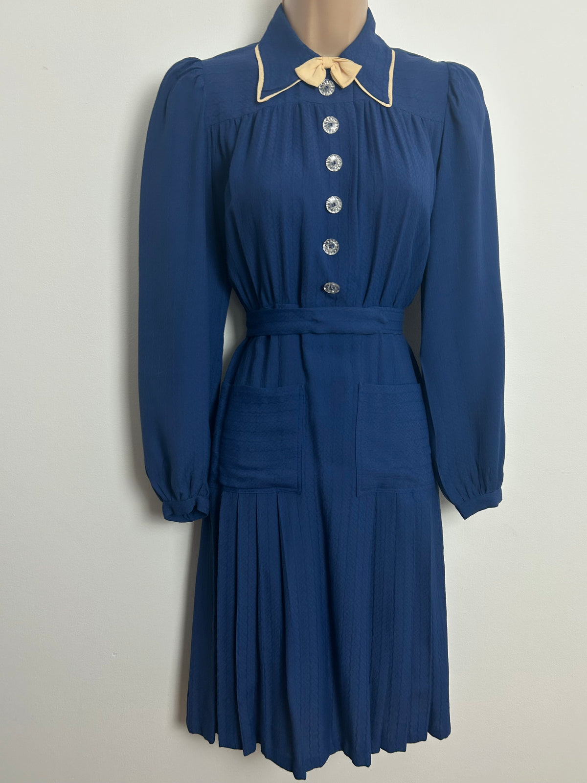 Vintage Late 1940s Post War Blue Rayon Belted Pleated Pocket Detail Tea Dress 8-10