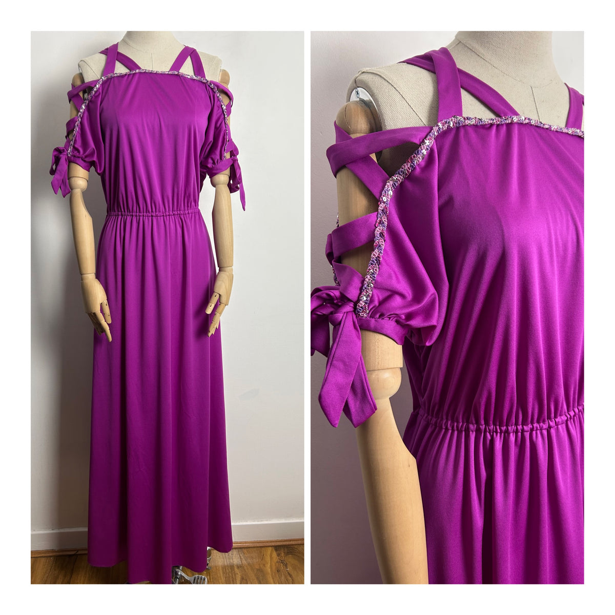 Vintage 1980s UK Size 14 Purpley Magenta Criss Cross Ladder Detail Shirt Sleeve Occasion Evening Maxi Dress