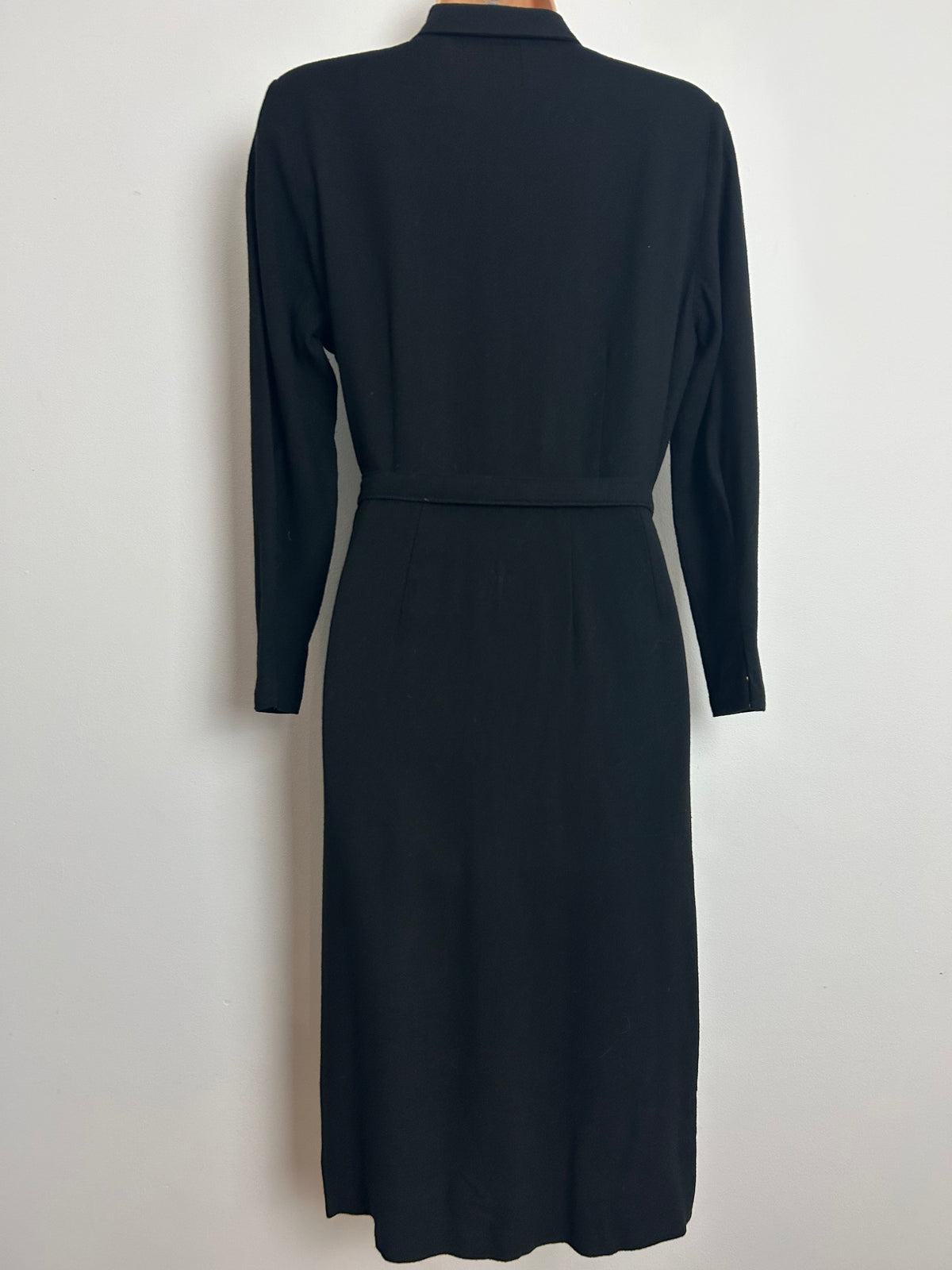 Vintage 1940s Size 12 Black Woven Rayon Pleated Belted Tea Day Dress