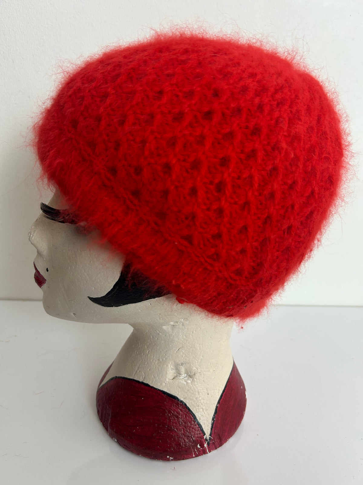 Vintage Cute Red Angora Mix Pull On Beanie Style Hat