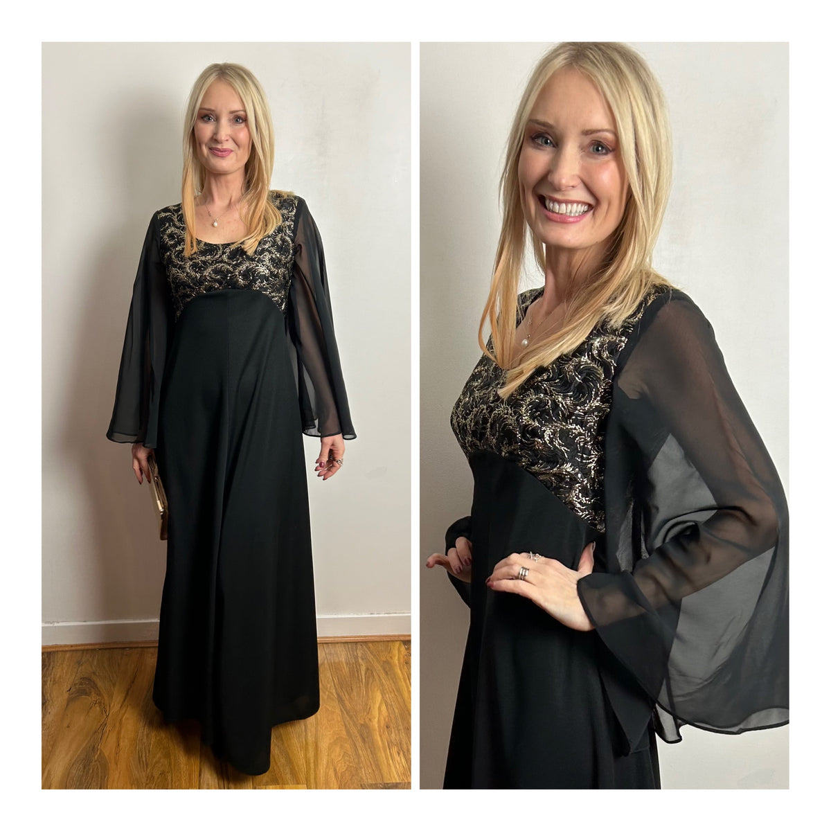 Vintage 1970s UK Size 8 Black & Metallic Gold Flared Sleeve Xmas Party Occasion Evening Maxi Dress