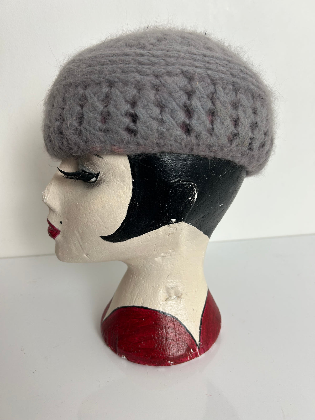 Vintage Dusky Pink Or Grey Angora & Wool Chunky Crochet Knit Reversible Beret/Beanie Style Hat