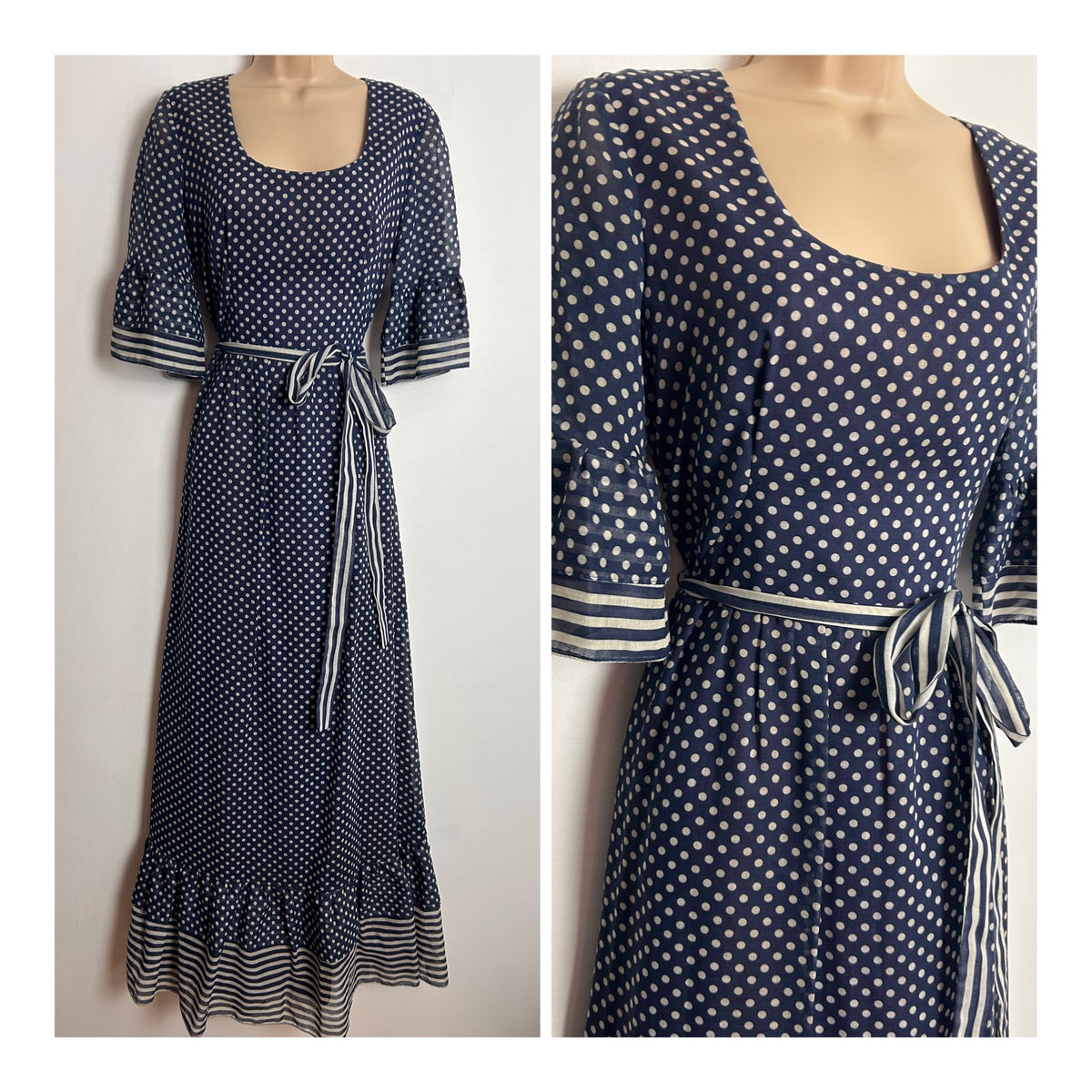 Vintage 1970s KATI At Laura Phillips UK Size 10 Navy Blue & White Polka Dot & Stripe Print Cotton Mix Belted Boho Maxi Dress