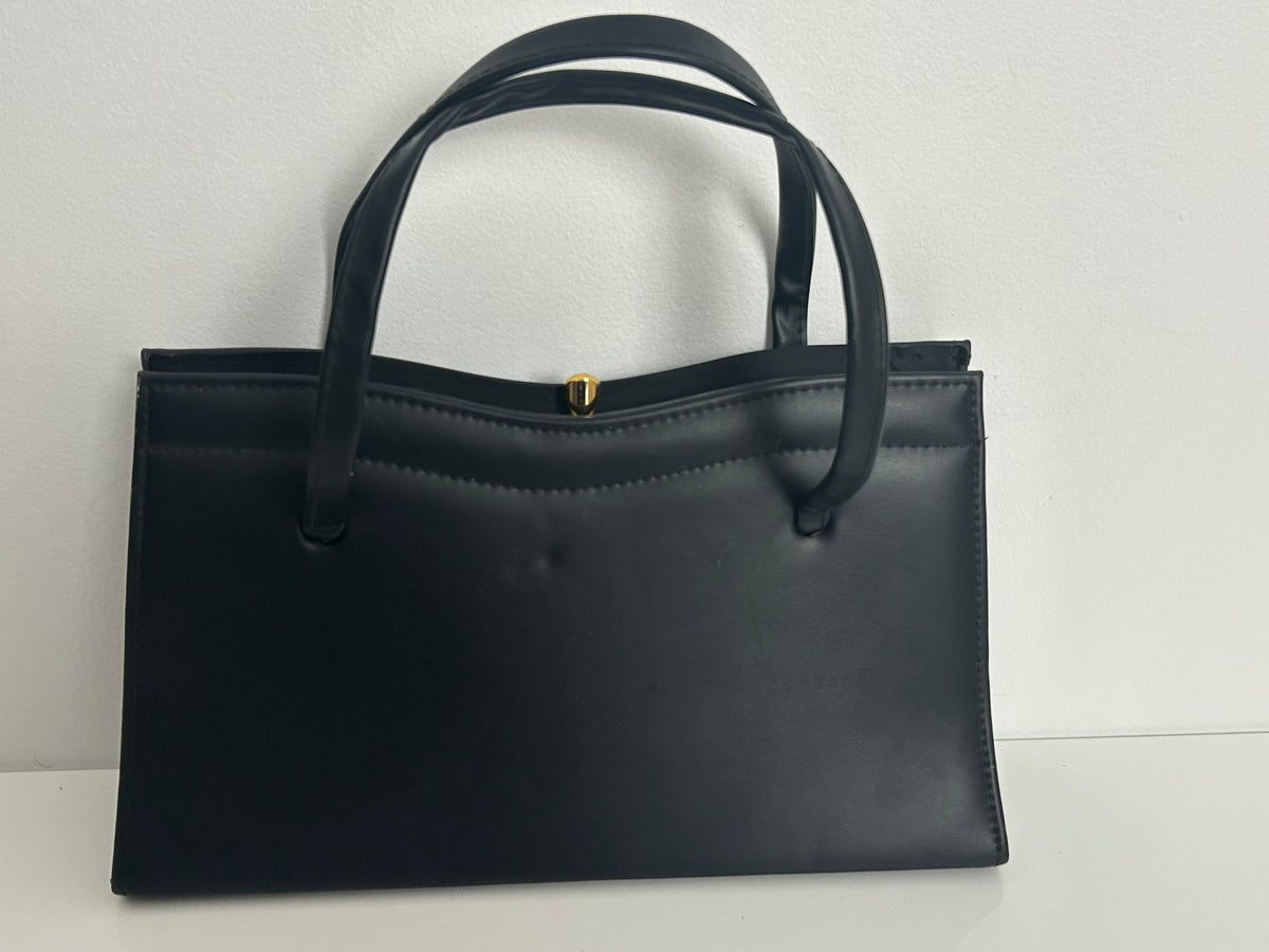 Vintage 1960s Black Faux Leather Lovely Shape Kelly Style Handbag