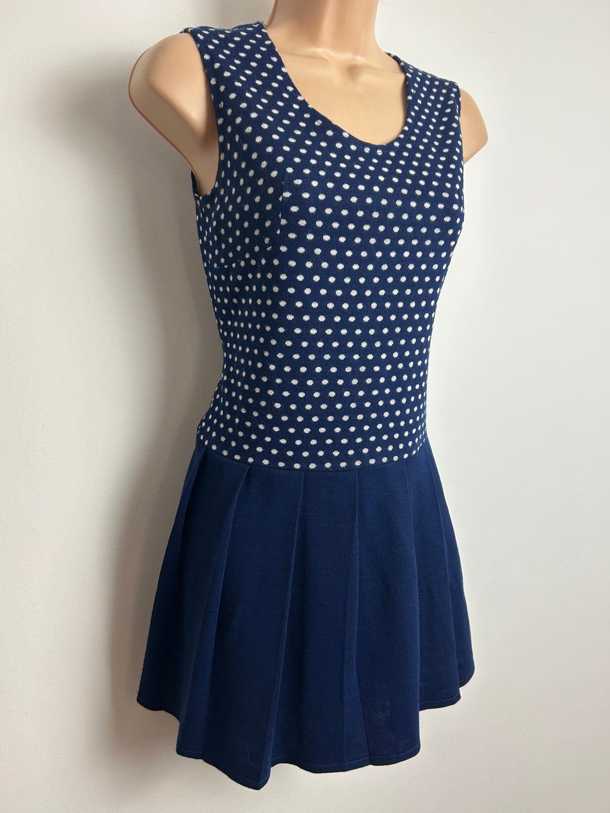 Vintage 1960s Size 8 Navy Blue Polka Dot Pleated Mini Mod Suit: Dress & Matching Jacket