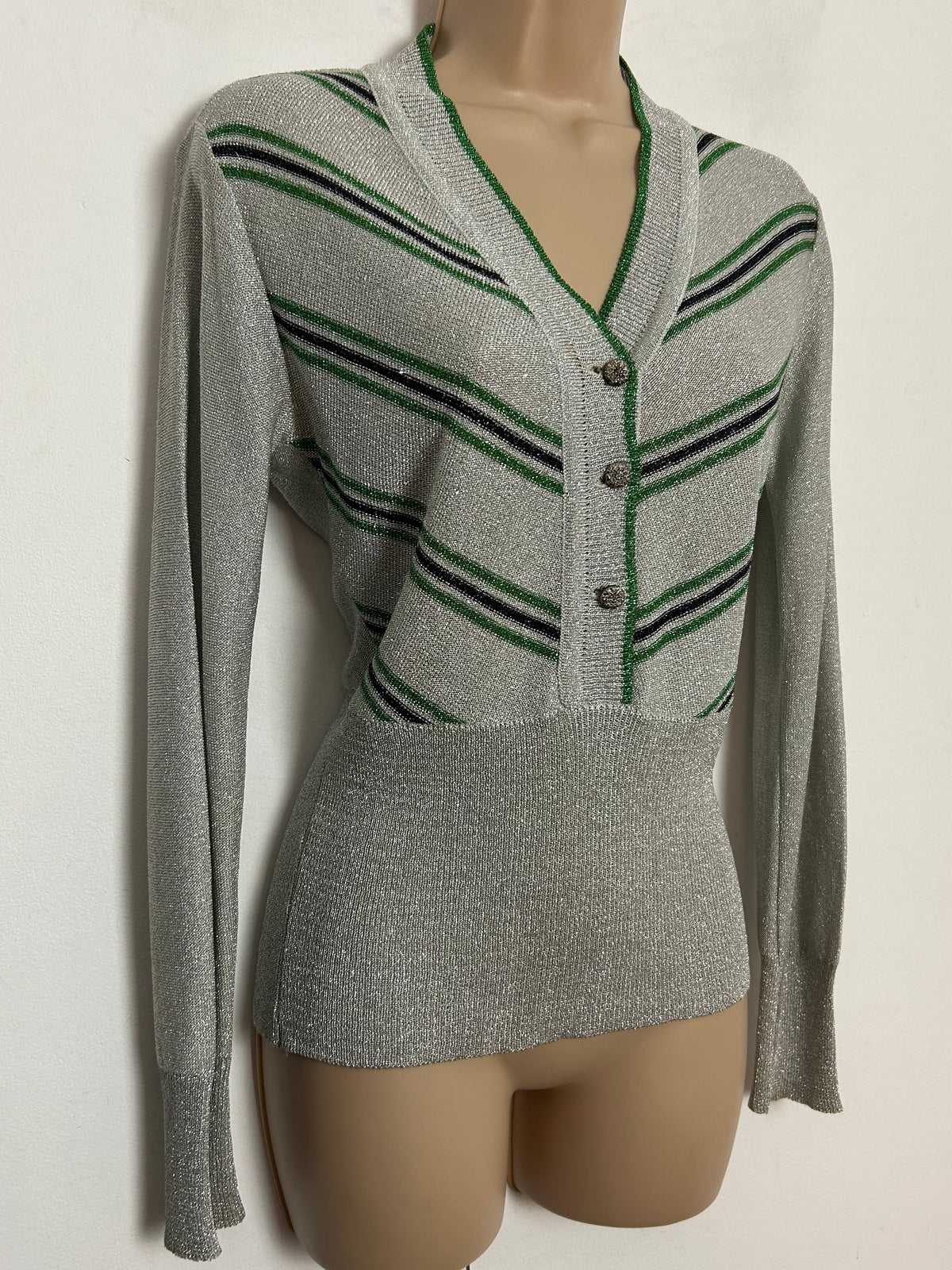 Vintage 1970s UK Size 10-12 Silver Green & Black Stripe Lurex Long Sleeve Top