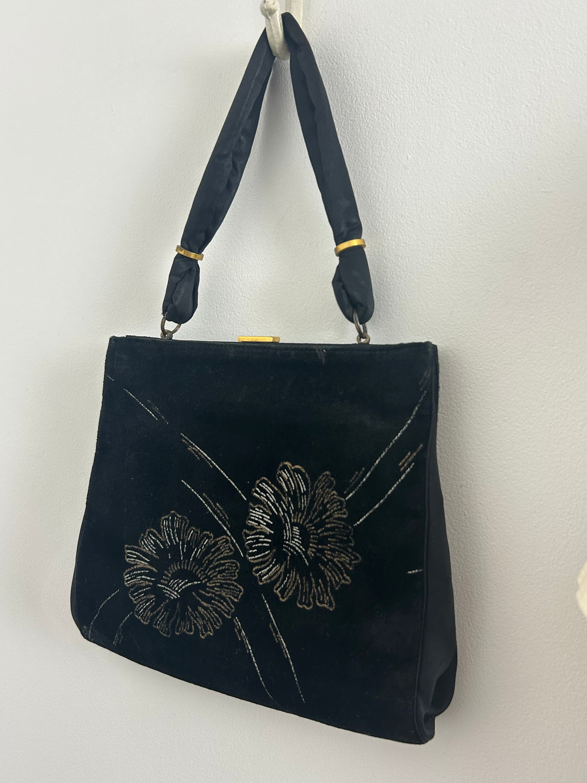 Vintage Early 1950s WALDYBAG Black Velvet Hand Painted Silver & Gold Floral Pattern Cocktail Handbag