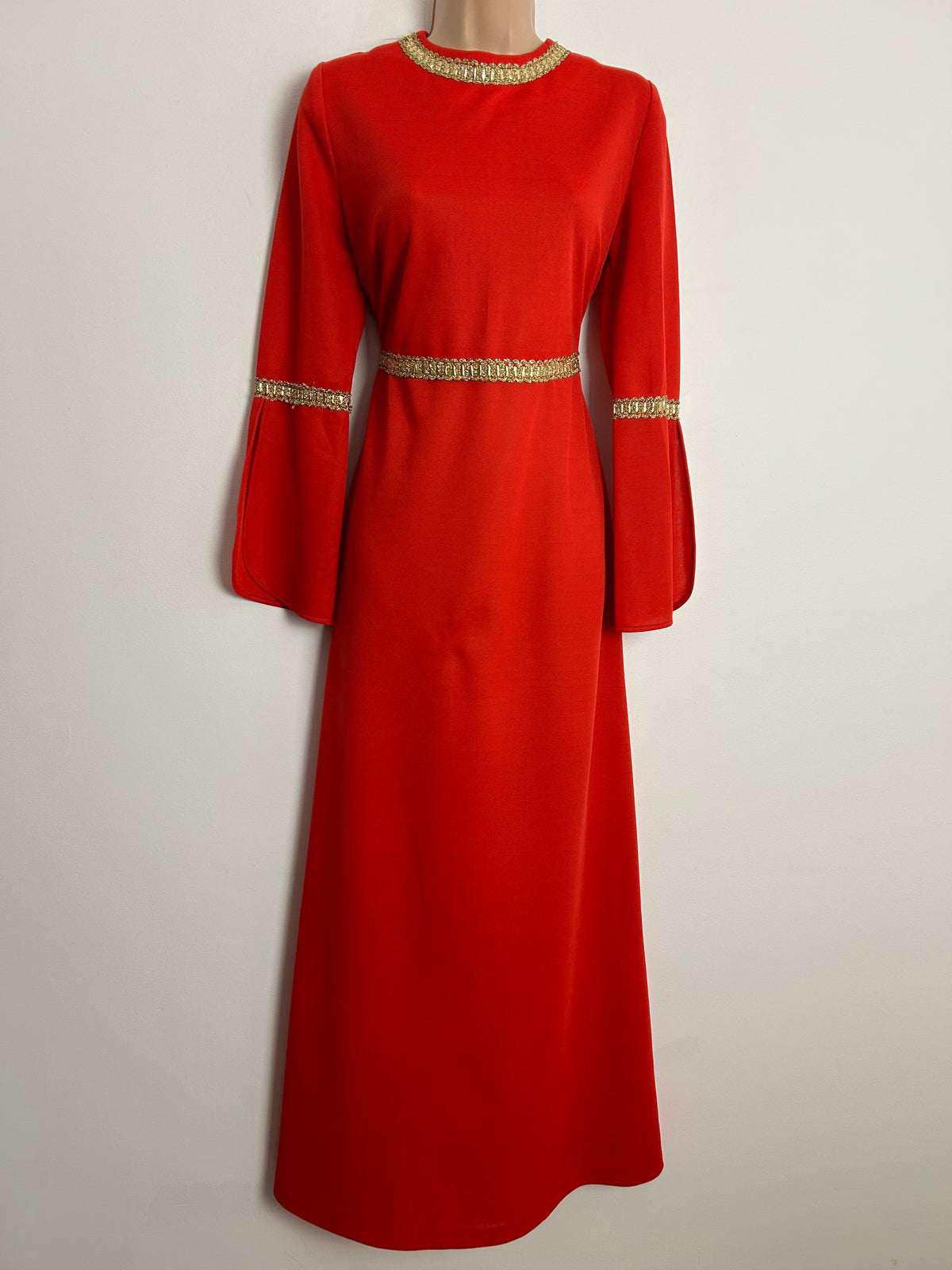 Vintage 1970s UK Size 12 Red Crimplene Gold Braid Trim Flared Cuff Occasion Maxi Dress