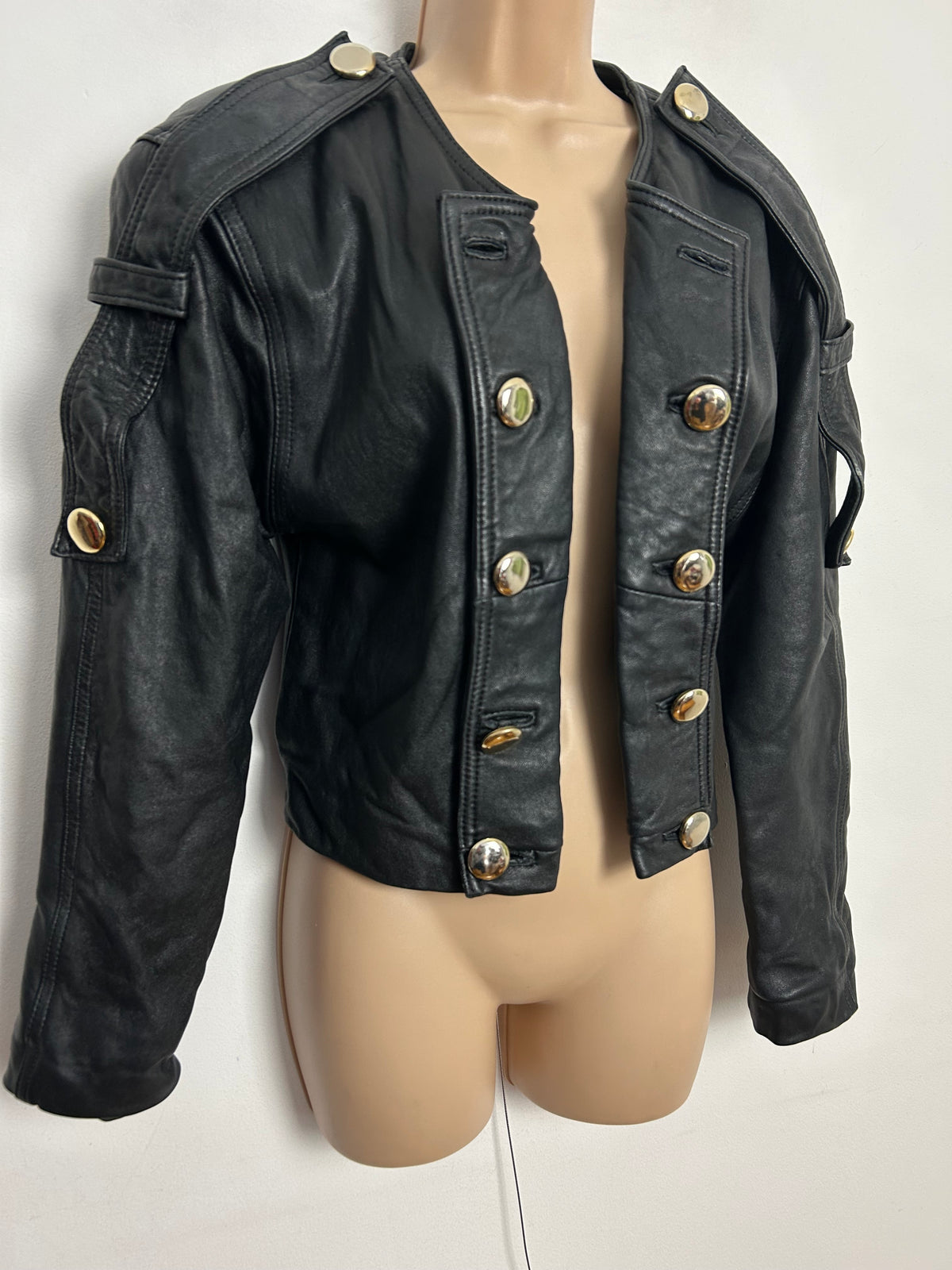 Vintage 1980s UK Size S (10) Black Military Style Open Fronted Button Detail Cropped Leather Jacket