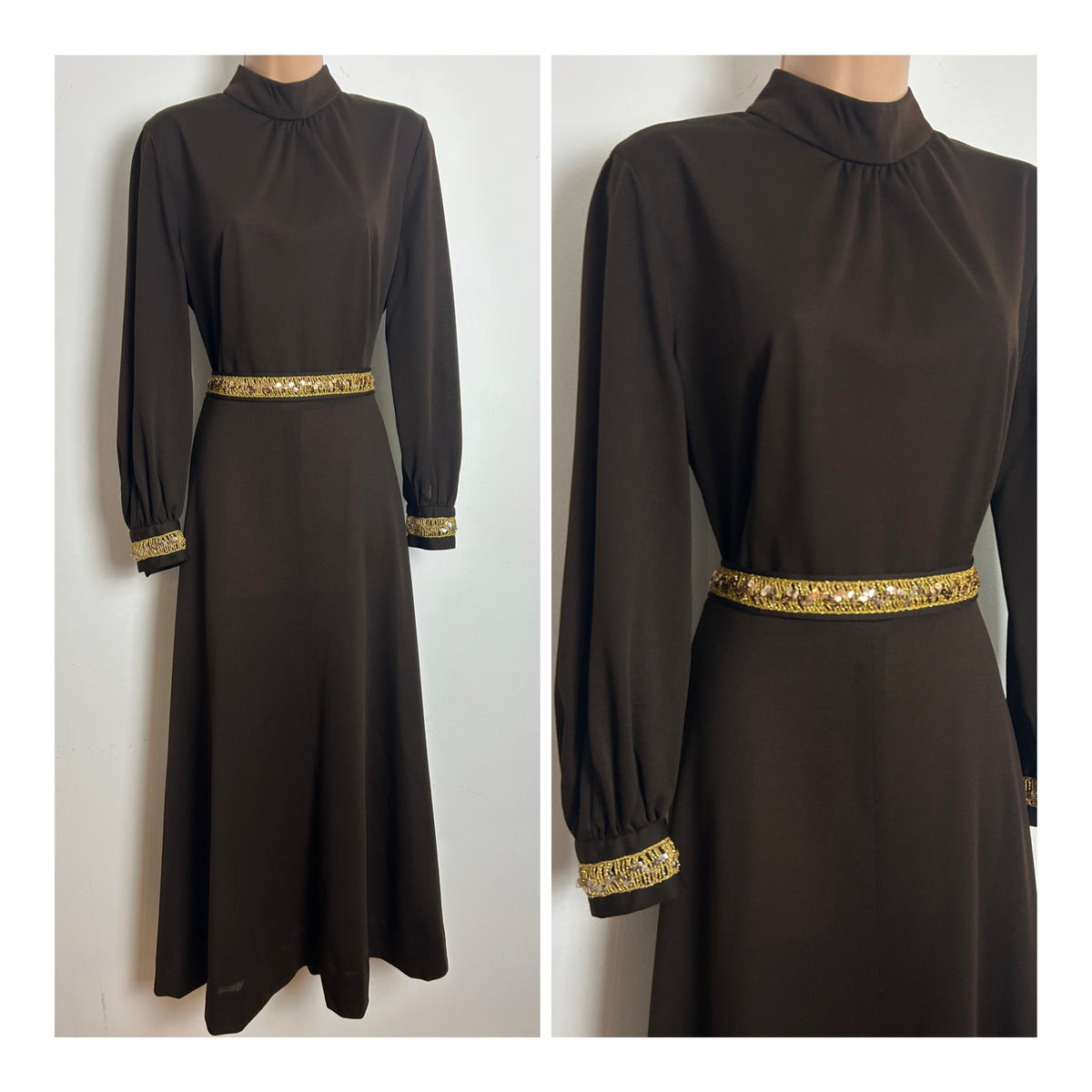 Vintage Early 1970s C&A Size 16 Chocolate Brown & Gold Sequin Trim Belted Occasion Evening Maxi Dress