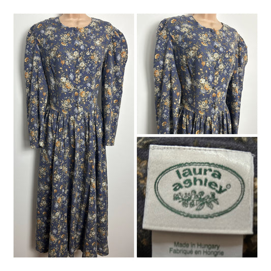 Vintage 1980s LAURA ASHLEY MADE IN HUNGARY Size 12 Blue Floral Print Wool Mix Maxi Dress