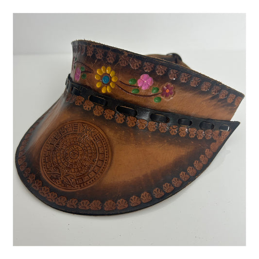Vintage 1960s 1970s Gorgeous Leather Tooled Painted Floral Design Sun Visor