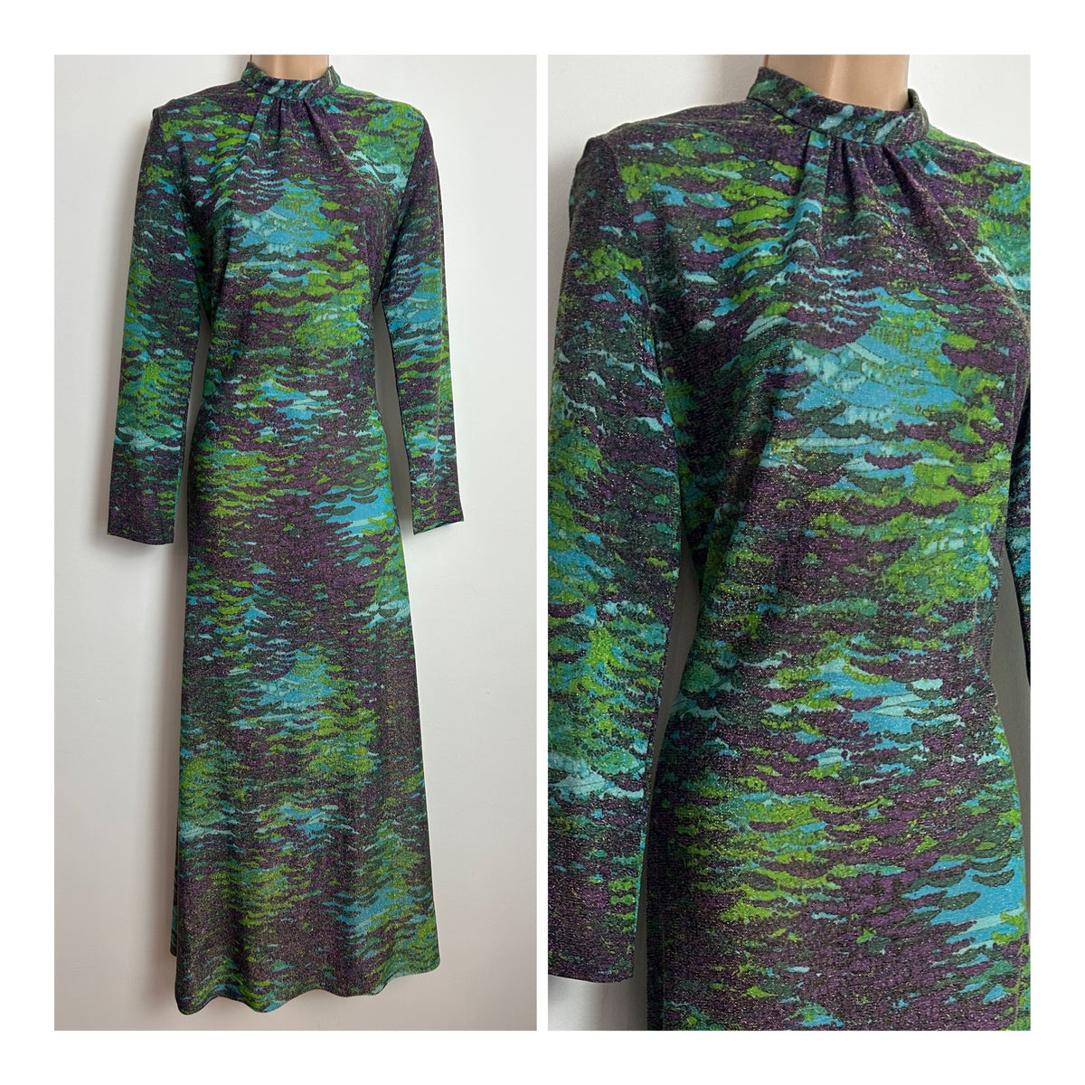 Vintage 1970s EASTEX Size 10-12 Green Purple & Turquoise Abstract Print Lurex Shimmery Occasion Maxi Dress