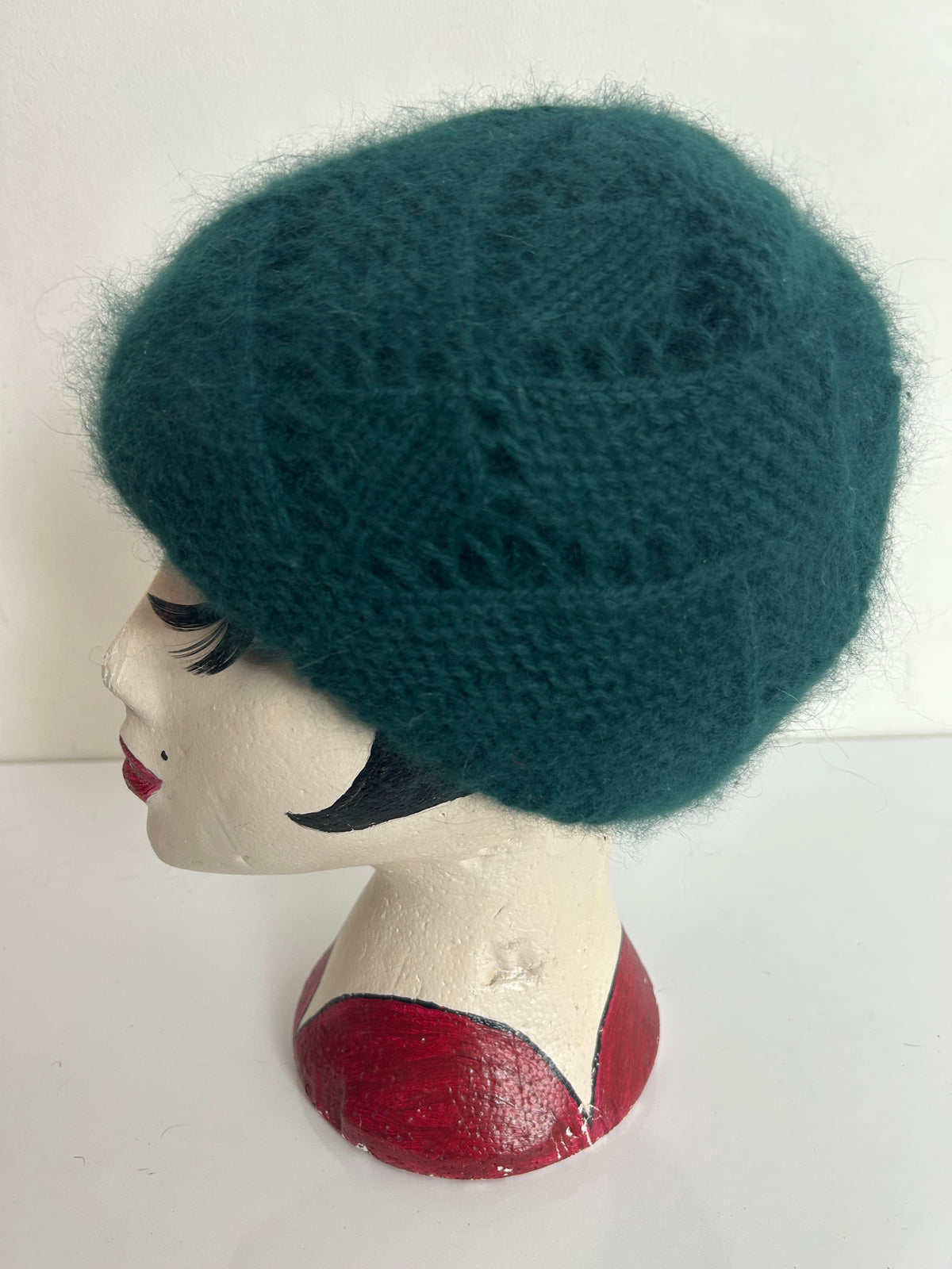 Vintage Forest Green Chunky Knit Angora & Wool Mix Beanie Style Hat
