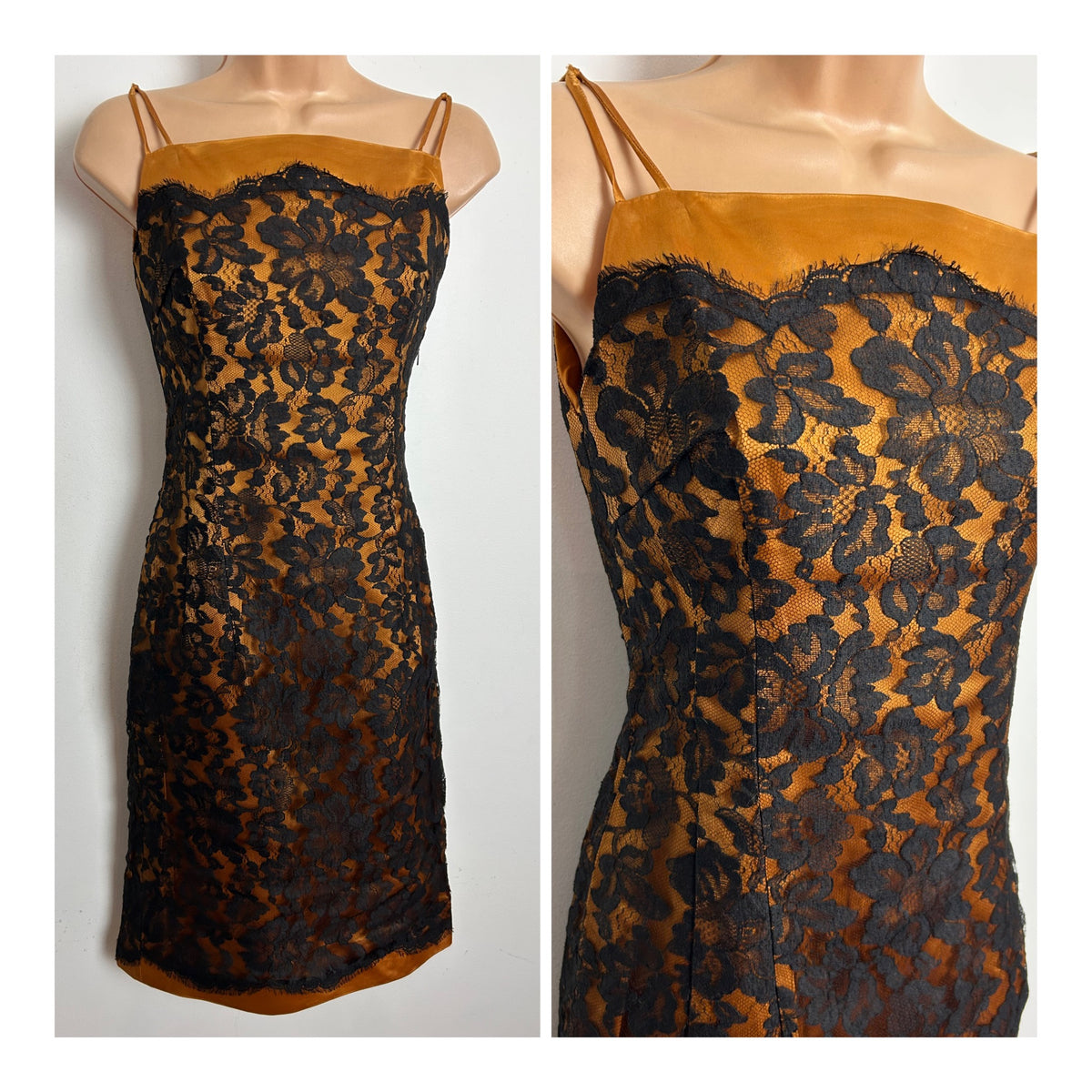 Vintage 1960s Size 6 Black & Dark Orangey Gold Lace Double Strap Fitted Wiggle Cocktail Party Dress