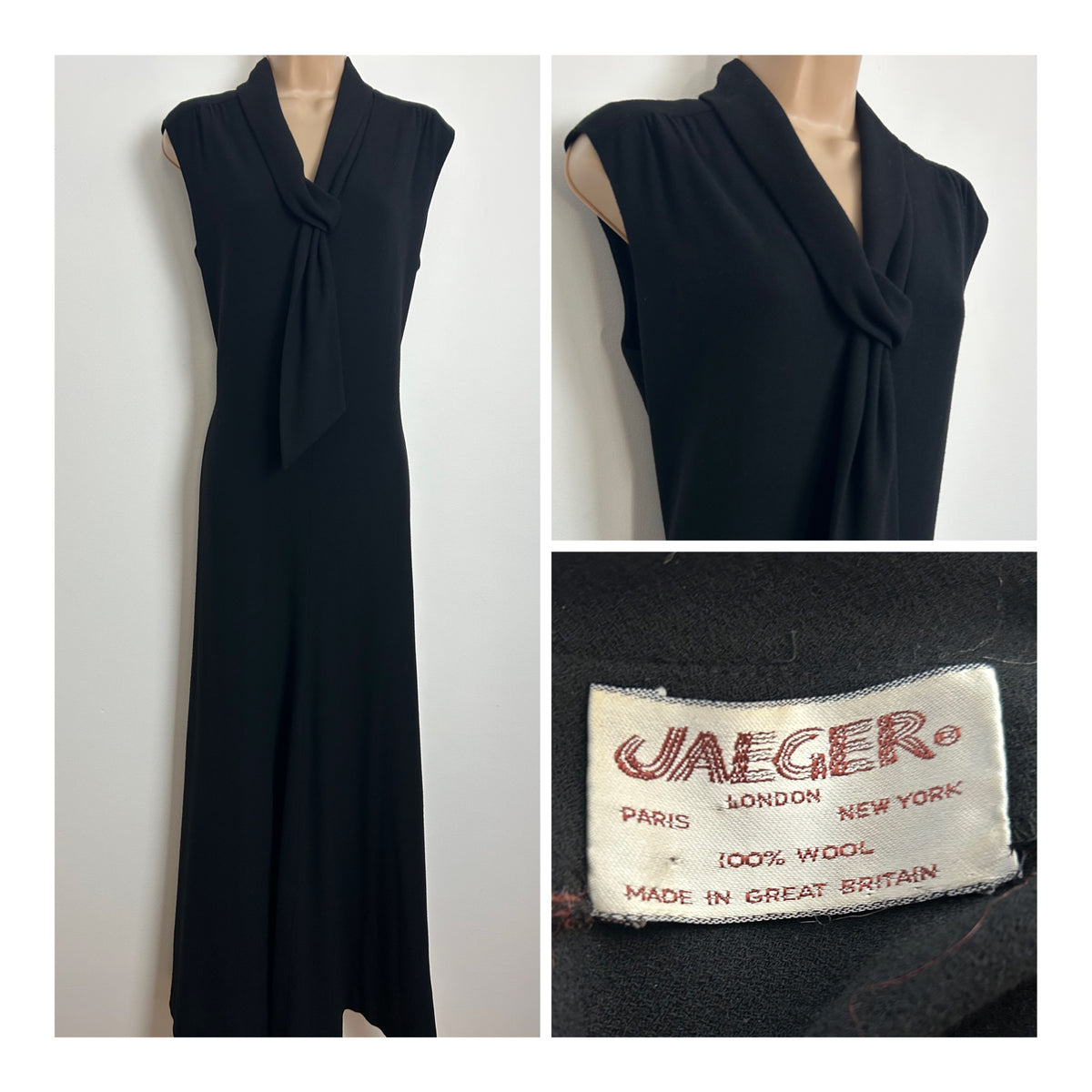 Vintage 1970s JAEGER Size 12-14 Black 100% Wool Sleeveless Scarf Neck Occasion Maxi Dress