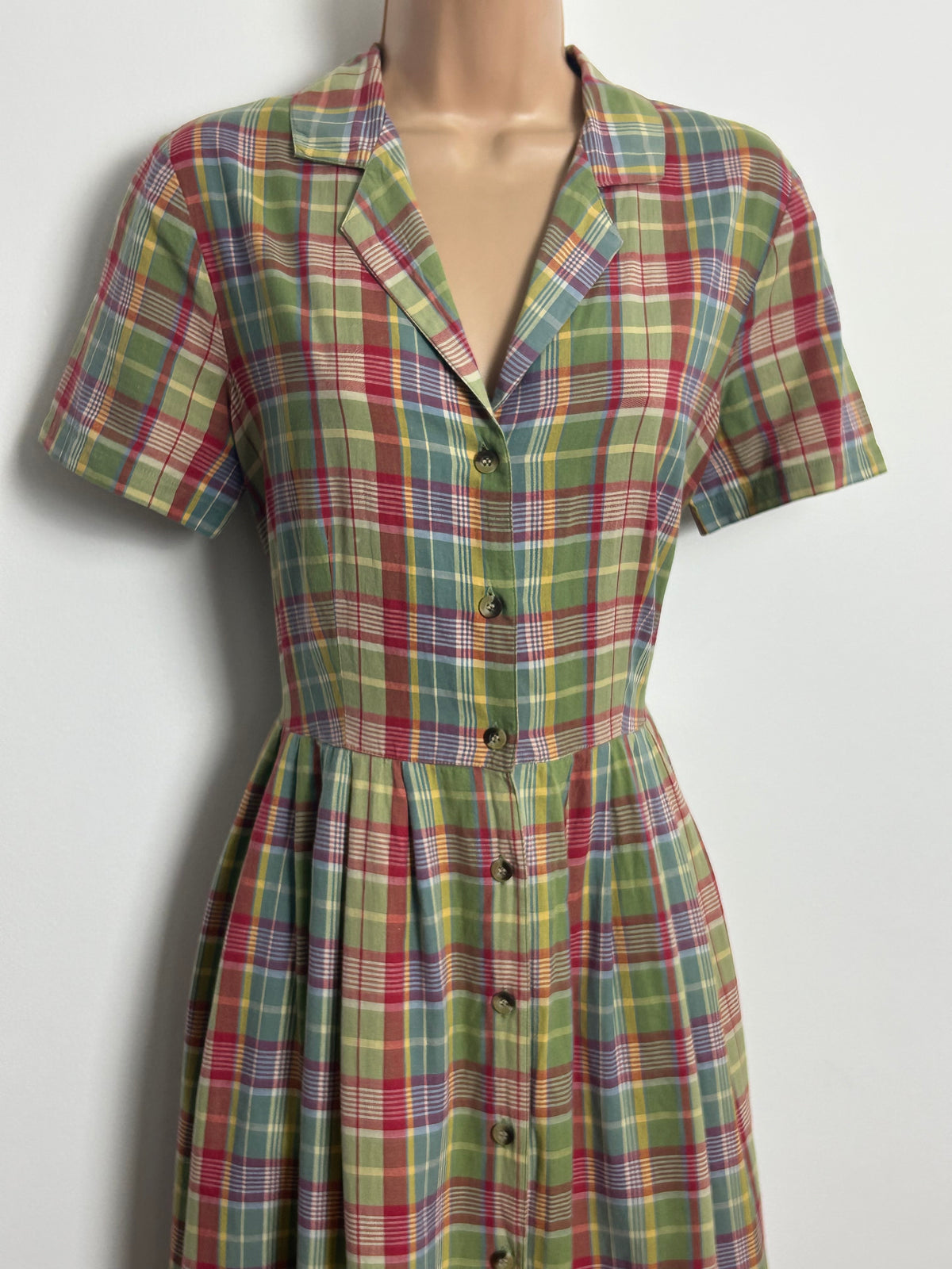 Vintage 1980s LAURA ASHLEY Size 12 Green Red & Blue Check Print Cotton Maxi Dress