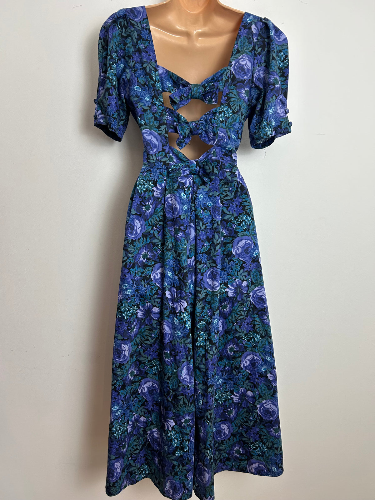 Vintage 1980s LAURA ASHLEY Size 10 Black Blue & Green Print Open Bow Back Dress