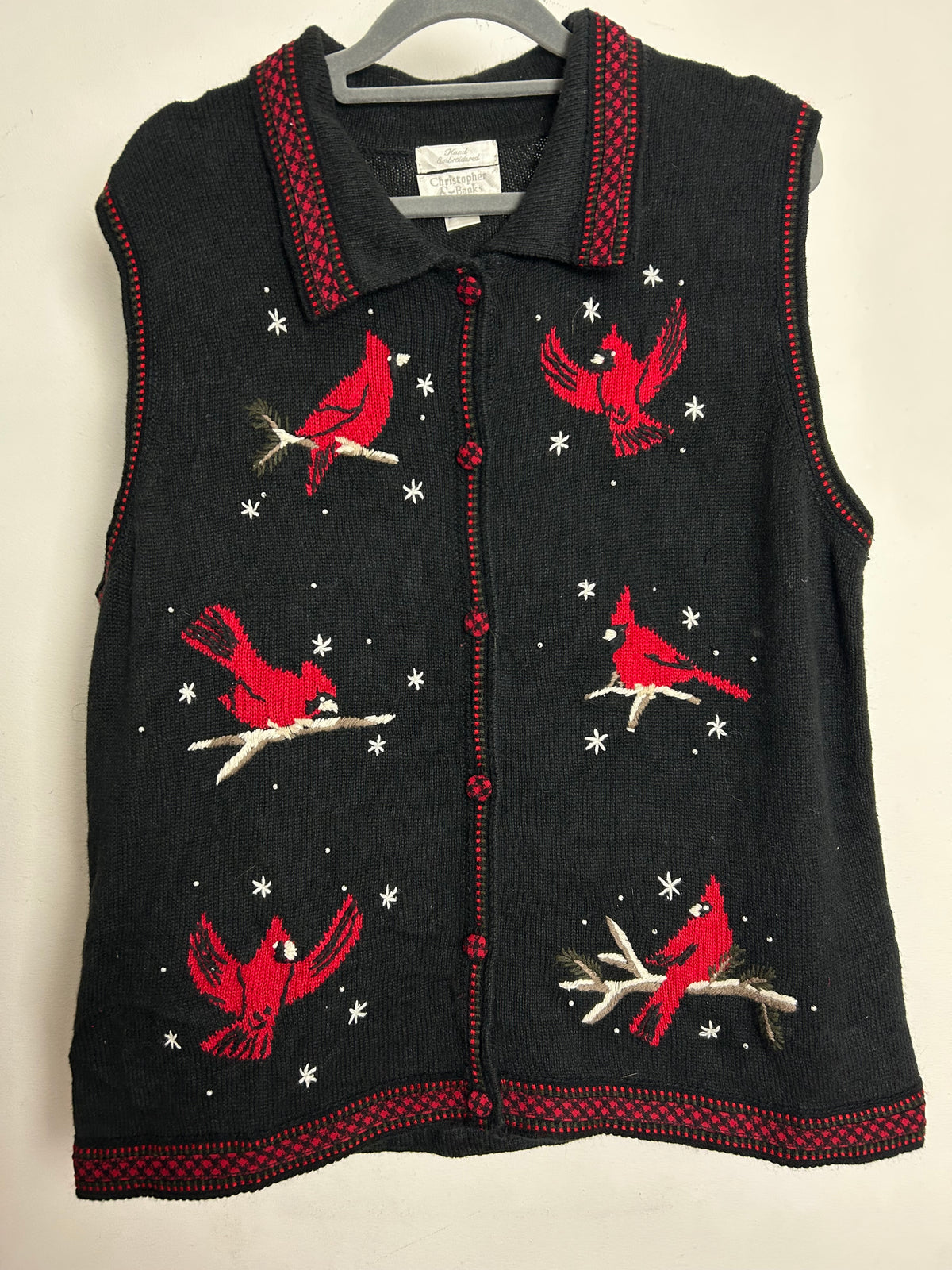 Vintage Y2K CHRISTOPHER & BANKS Up To Size 16 Black & Red Bird Pattern Sleeveless Cardigan