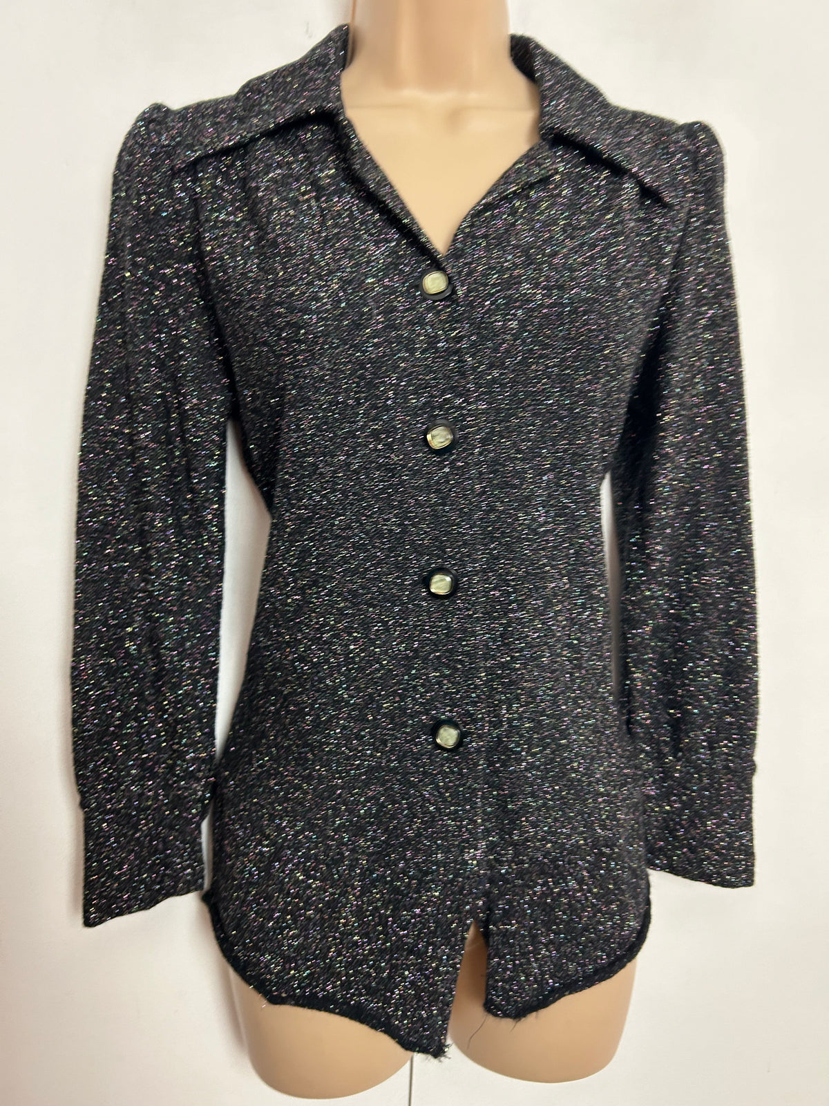 Vintage 1970s UK Size 10 Black Glittery Lurex Long Sleeve Shirt Top