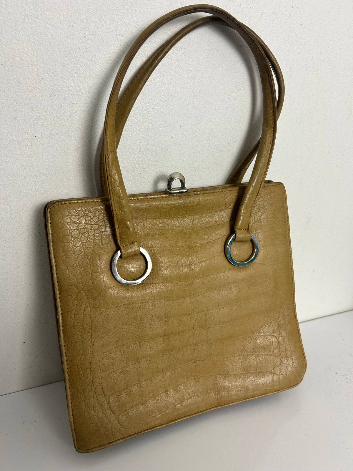 Vintage 50s 60s Beige Leather Double Top Handle Kelly Bag