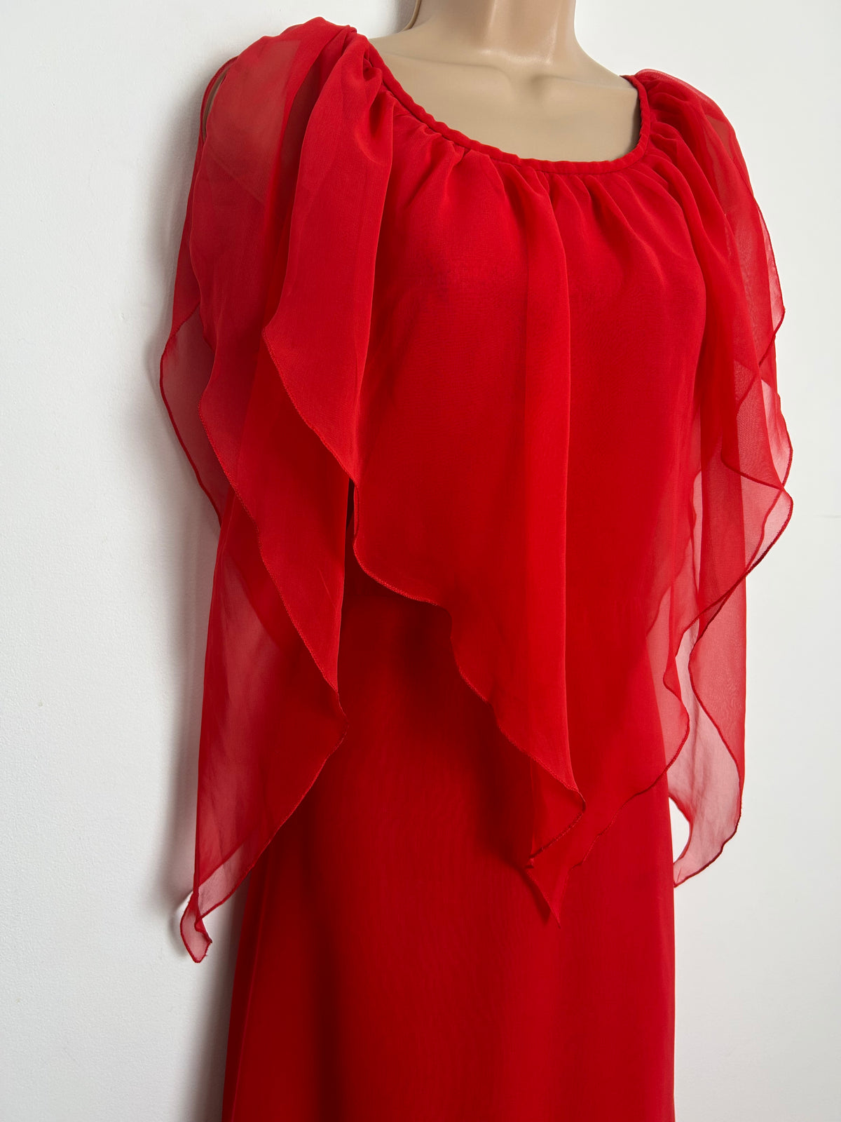 Vintage 1970s DEBENHAMS Size 12 Red Chiffon Split Floaty Sleeve Layered Occasion Maxi Dress