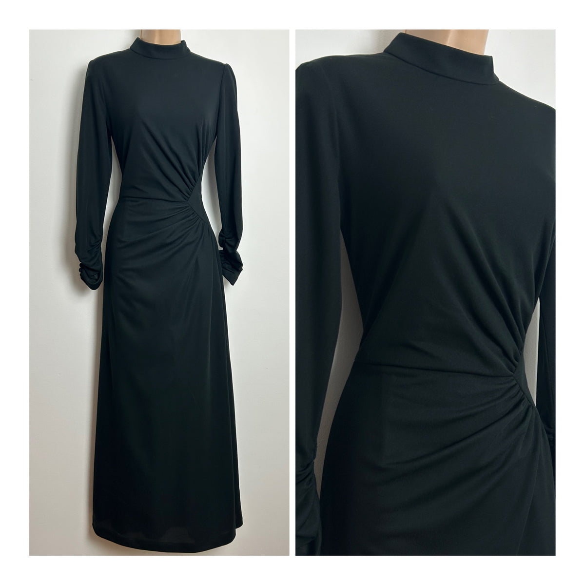 Vintage 1970s BERKERTEX Size 8 Classic Black Side Panel Long Sleeve Maxi Dress