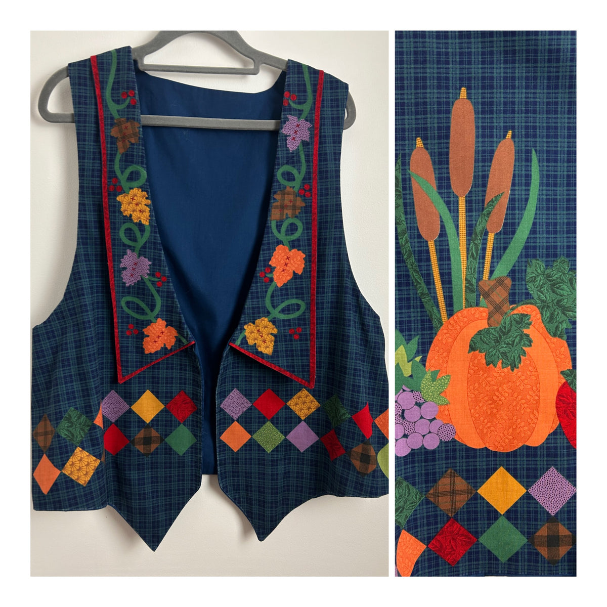 Vintage 1980s UK Size 14-16 Blue & Green Check Diamond, Leaf & Fruit Print Cotton Open Fronted Waistcoat